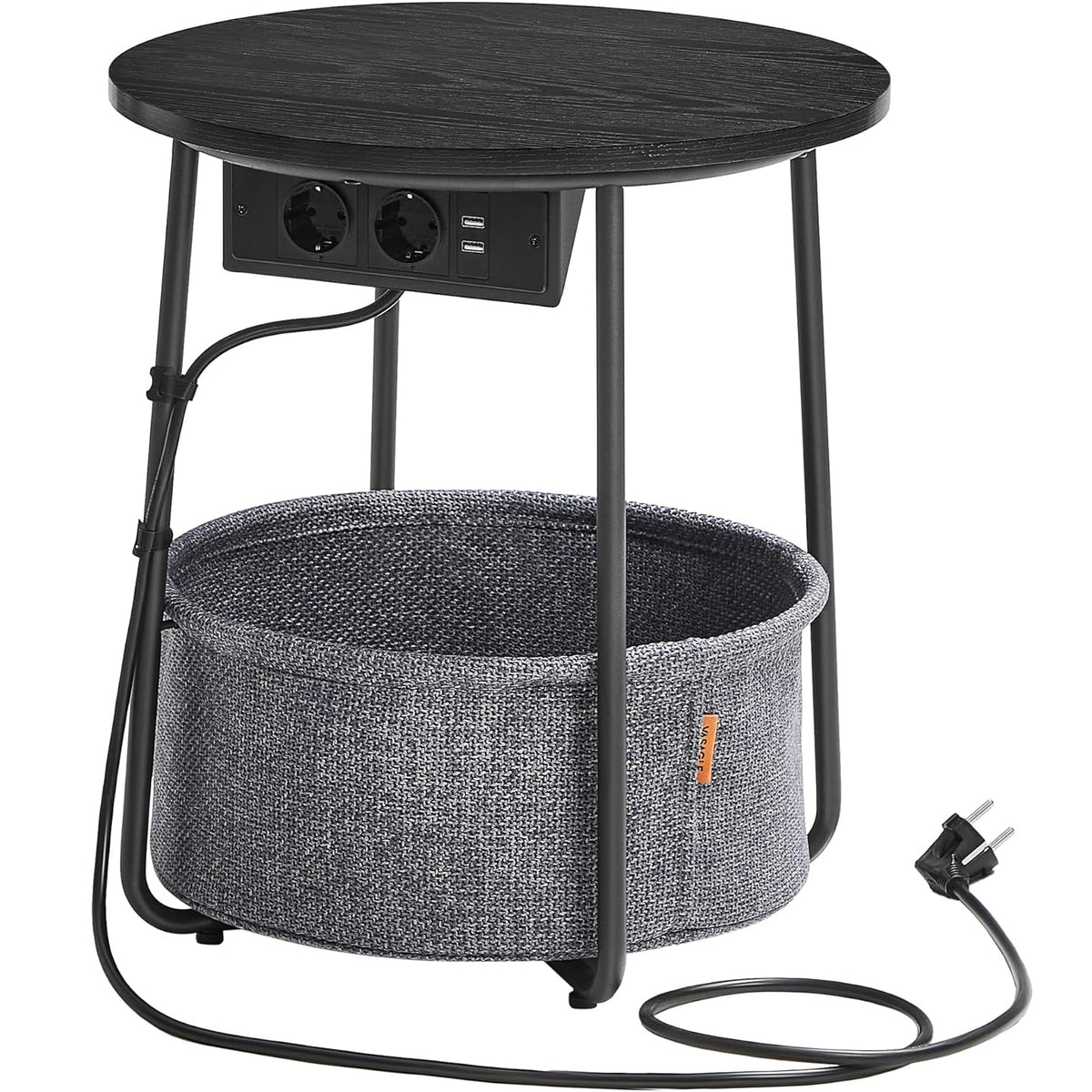 VASAGLE Masuta de cafea rotunda cu cos de stofa, statie de incarcare 2 prize si 2 USB, 45x50cm, negru