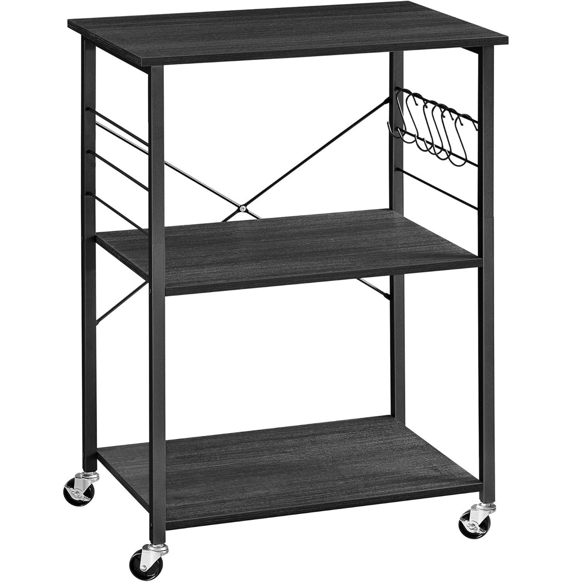 VASAGLE Raft de bucatarie pe roti, carucior de servire cu 3 rafturi, cadru metalic, 40x60x89 cm, design industrial, negru