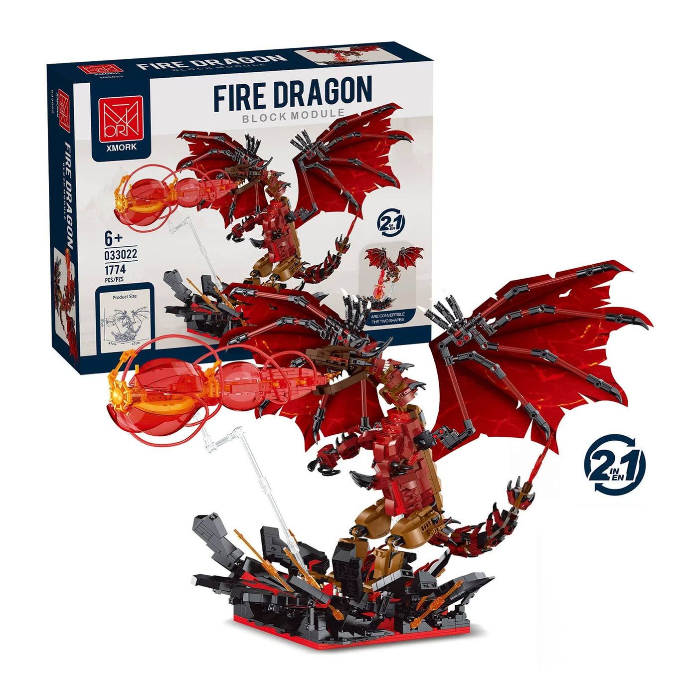 Set Constructie Dragon De Foc 2 In 1 Timebox, 1774 Piese LED ABS, Rosu - Imagine 1