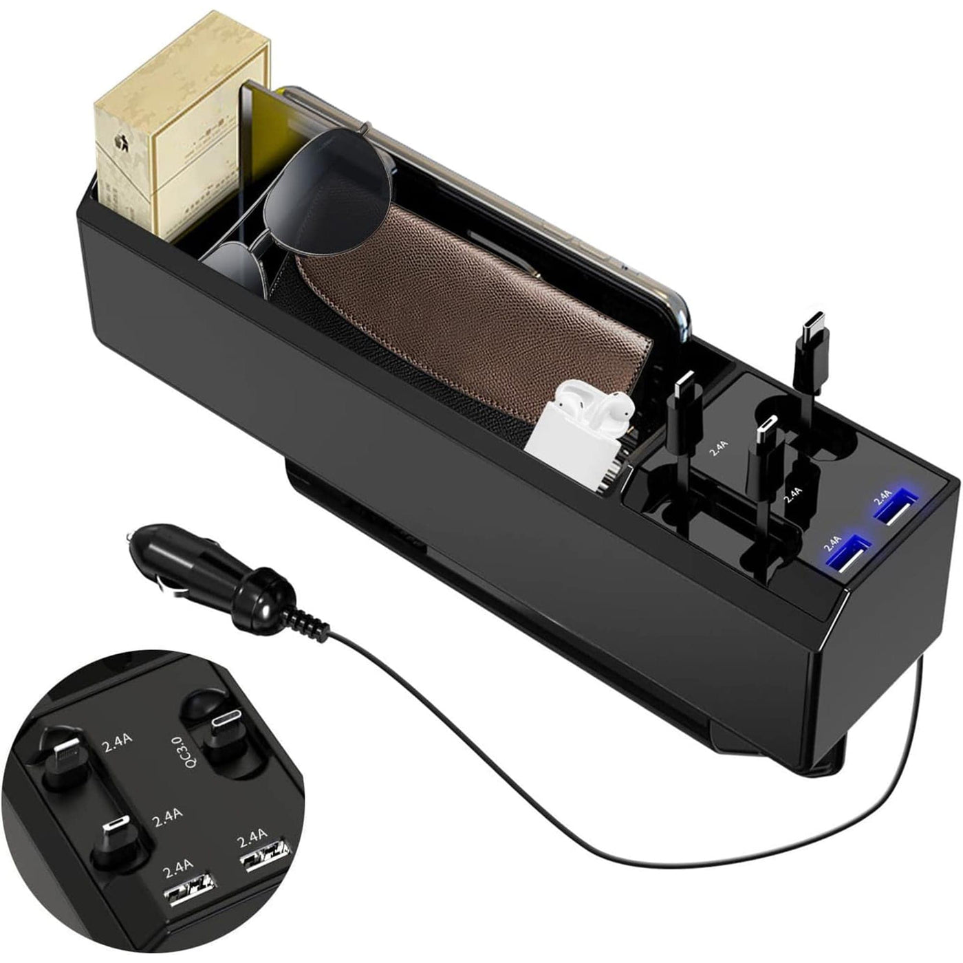 Organizator masina Timebox, Cablu integrat USB-C, Lightning, Micro-USB, Negru - Imagine 1