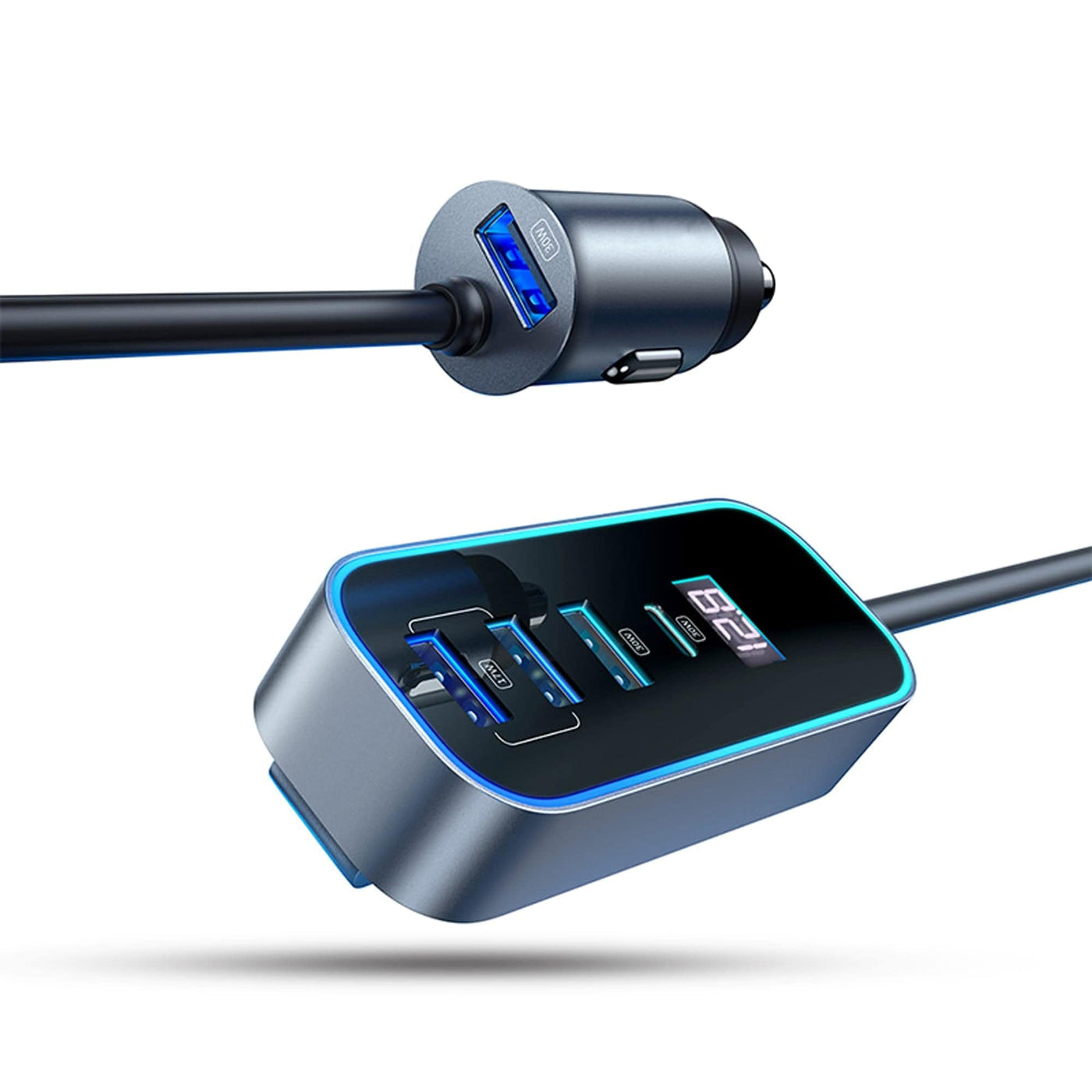 Incarcator auto 107W Fast Charge, 5 in 1, USB, Type-C, lumini RGB, Negru - Imagine 1
