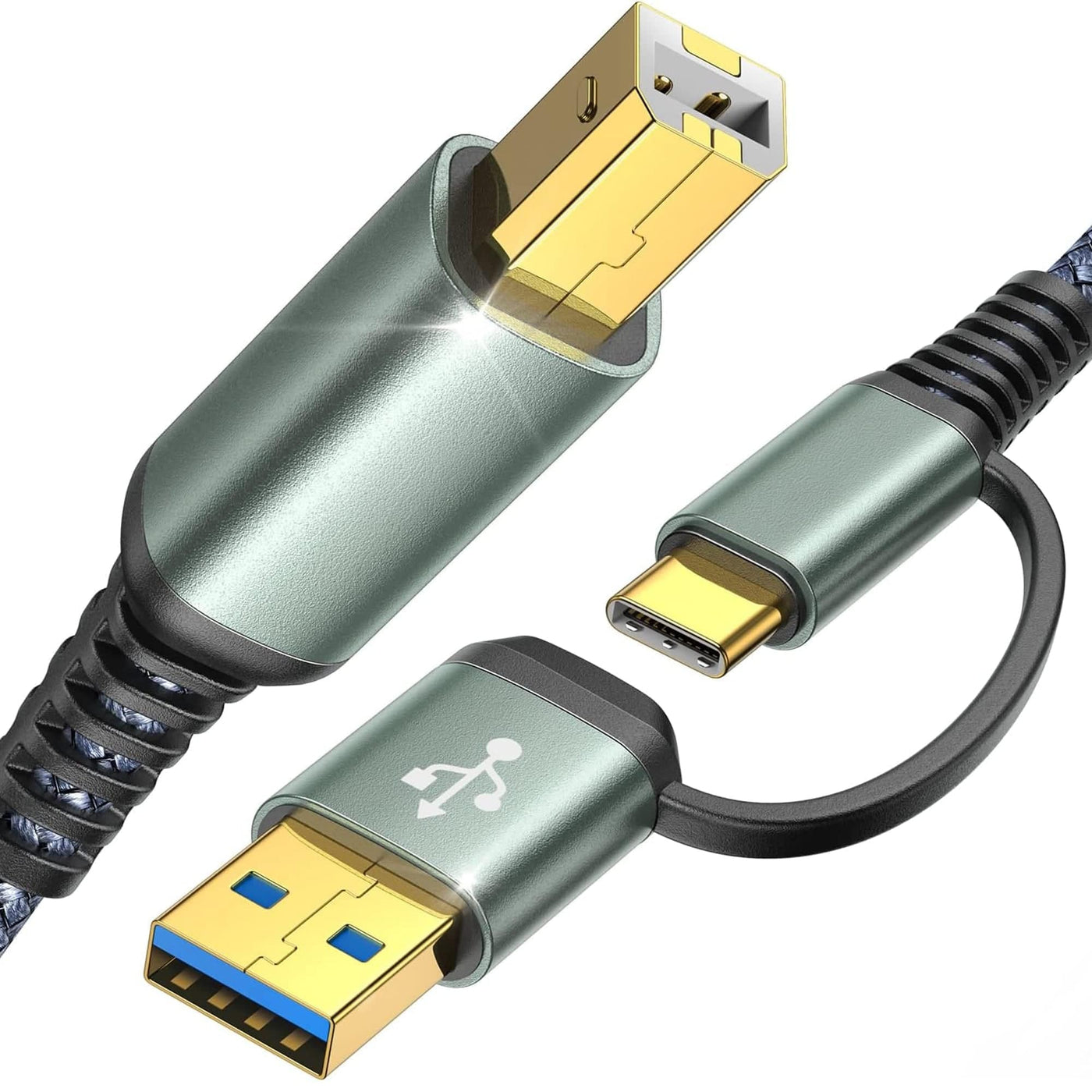 Cablu de imprimanta Timebox, USB si USB-C la USB-B 2, Placat cu aur, Gri - Imagine 1