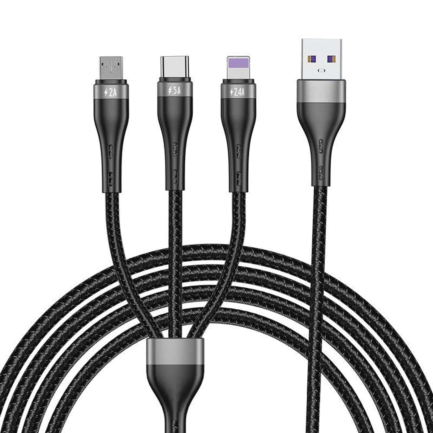 Cablu de date si Incarcare Rapida Timebox, 3 in 1, 1,2m, Nailon, Negru - Imagine 1
