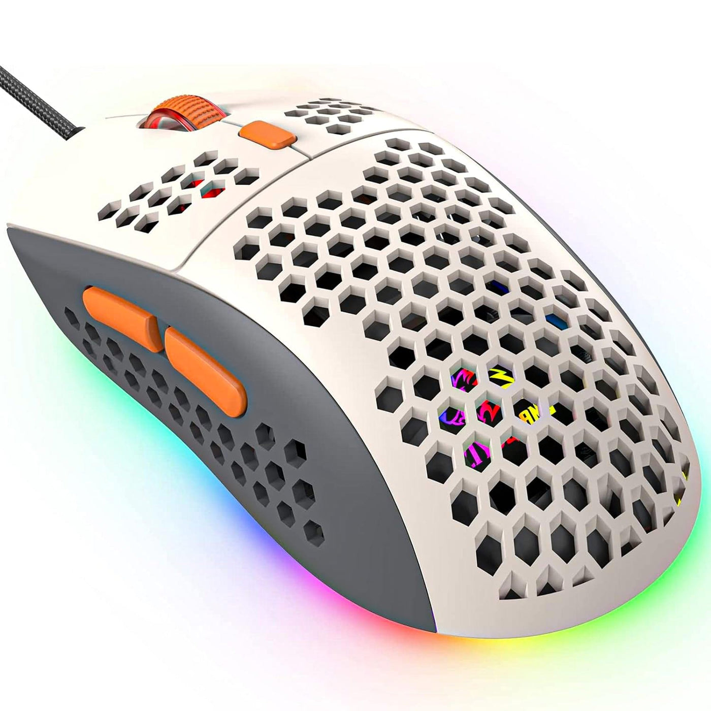 Mouse gaming Timebox, 6400 DPI, USB, Ultra-usor, Ergonomic, Alb/Portocaliu - Imagine 1