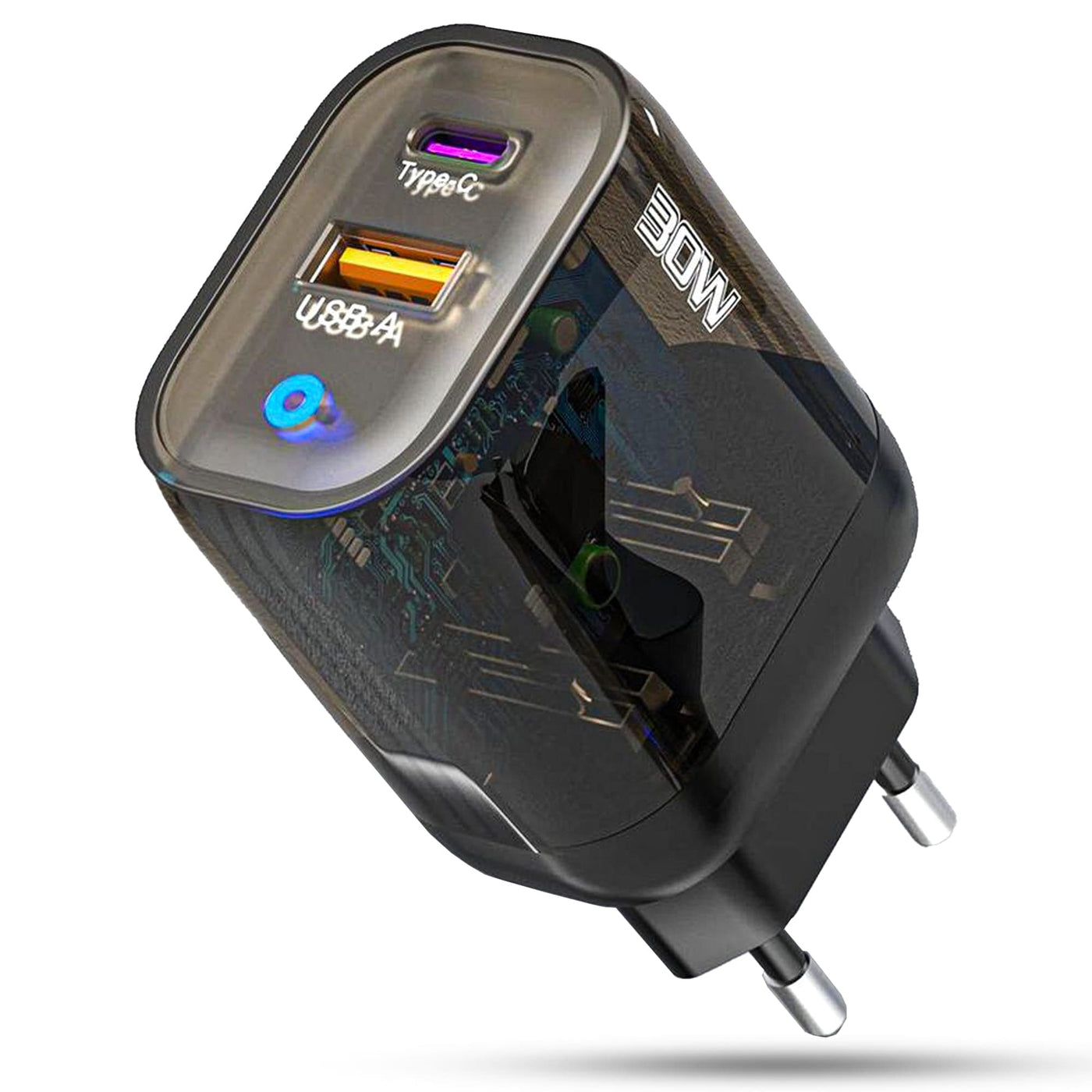 Incarcator Retea Timebox, 2 Porturi, 30W, 1 x USB, 1 x Type-C, Transparent - Imagine 1