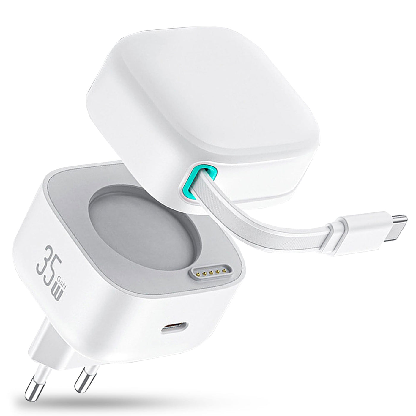 Incarcator retea Timebox, 35W, 2 porturi USB-C, Cablu Type-C retractabil, Alb - Imagine 1