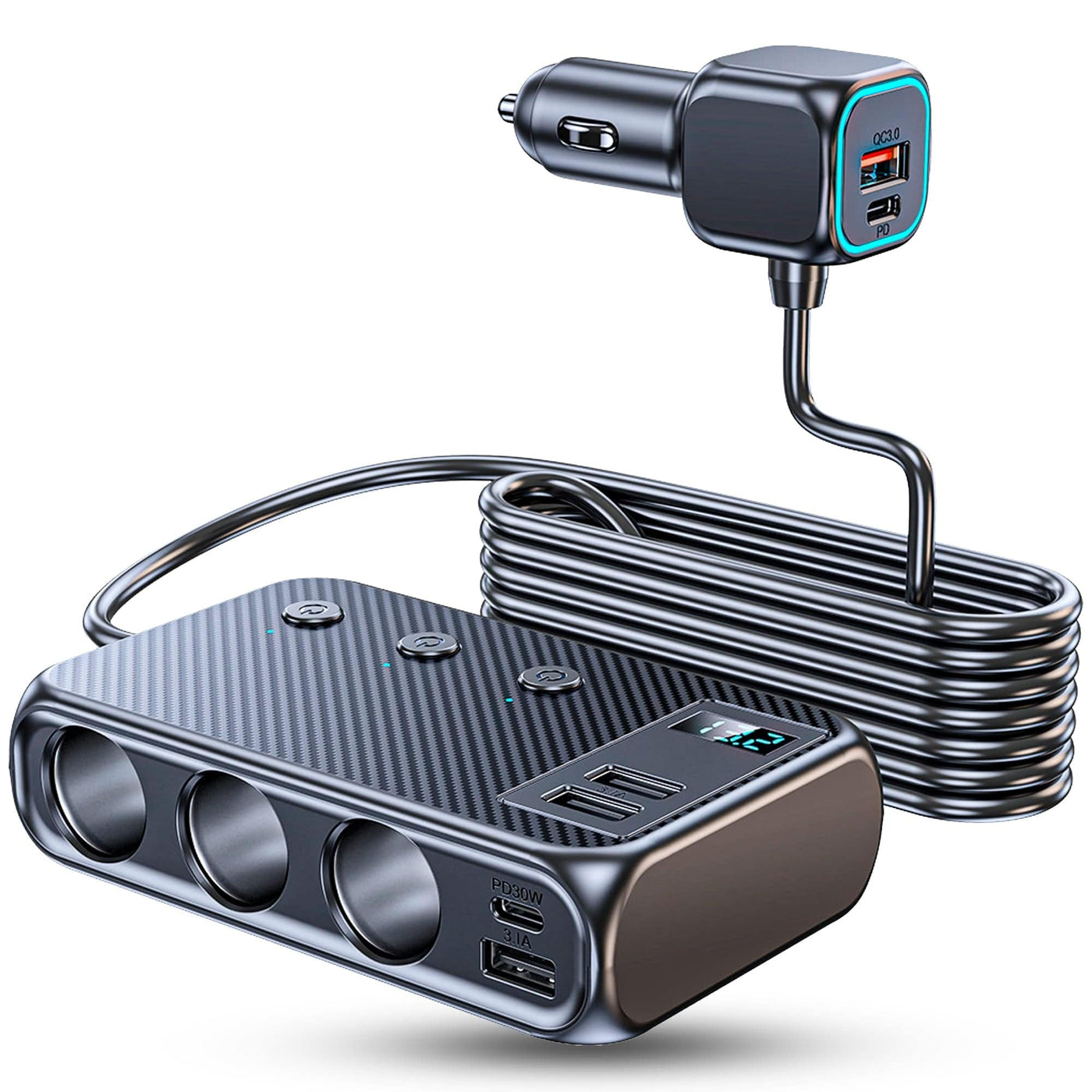 Adaptor priza Timebox, 171W, 4 x USB, 2 x USB-C, 9 in 1, 3 x soclu auto, Negru - Imagine 1