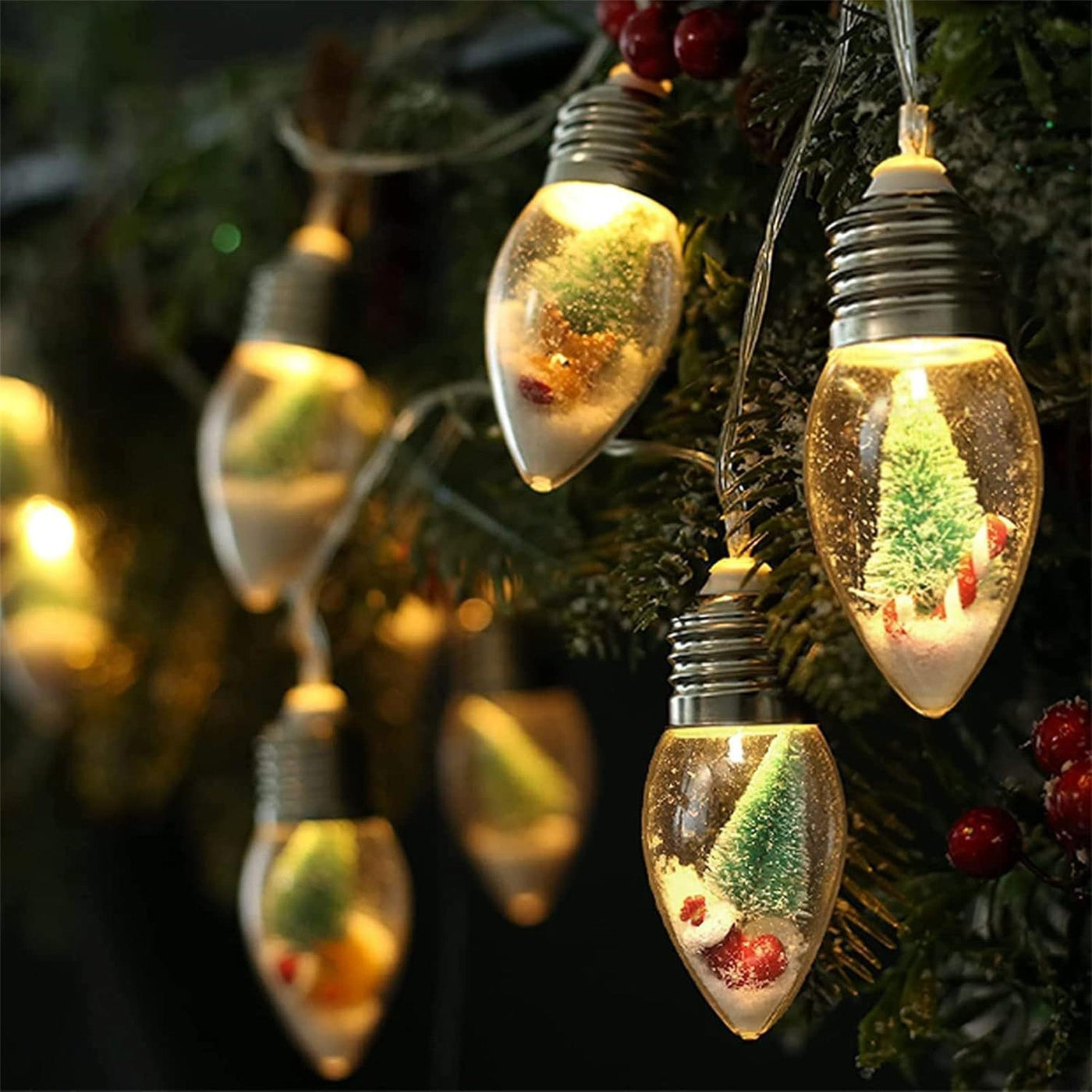 Instalatie Craciun, 10 becuri LED Snow Globe, Decor cu braduti si zapada - Imagine 1