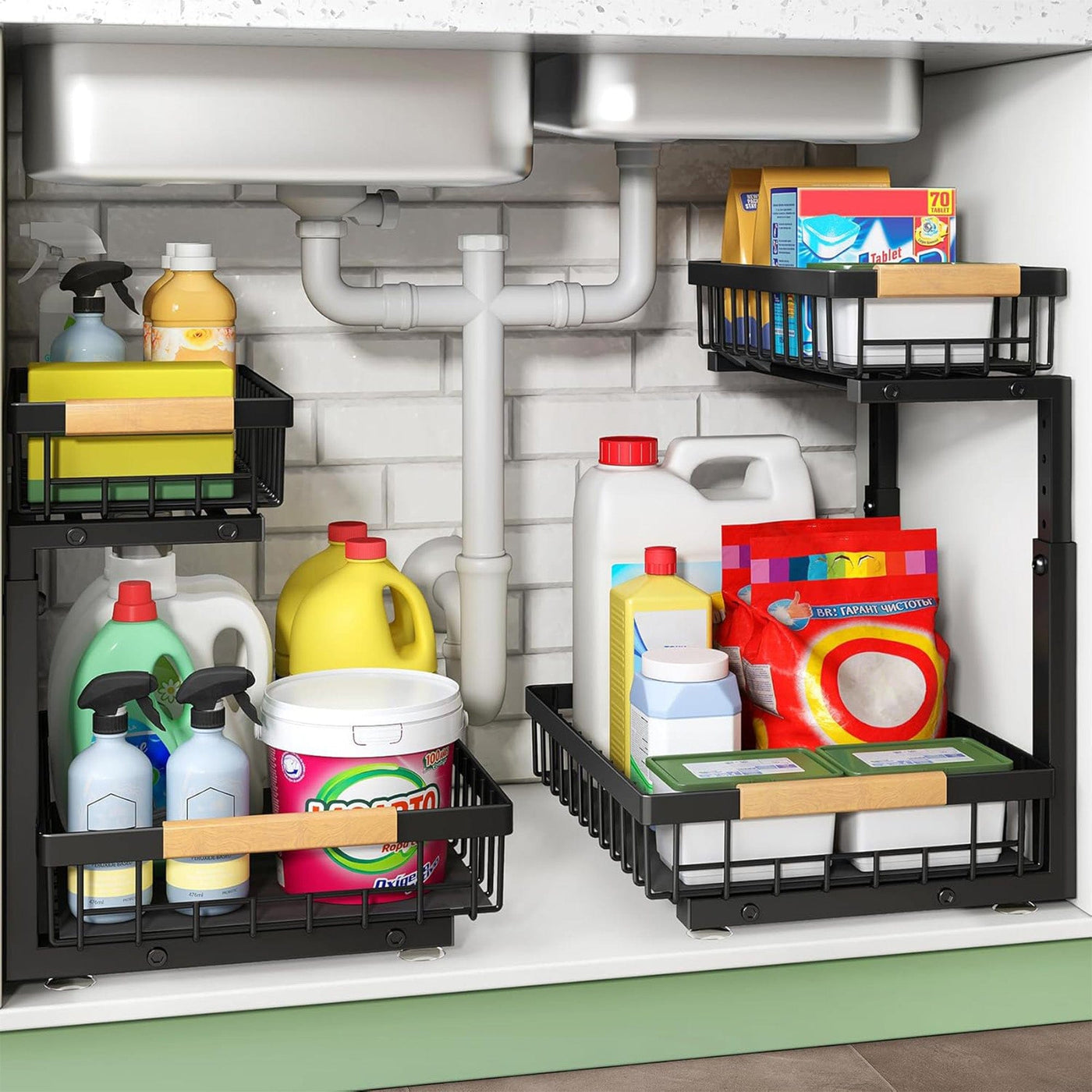 Set 2 Organizatoare Metalice cu Sertar Glisant pentru Dulap, 2 Niveluri - Imagine 1