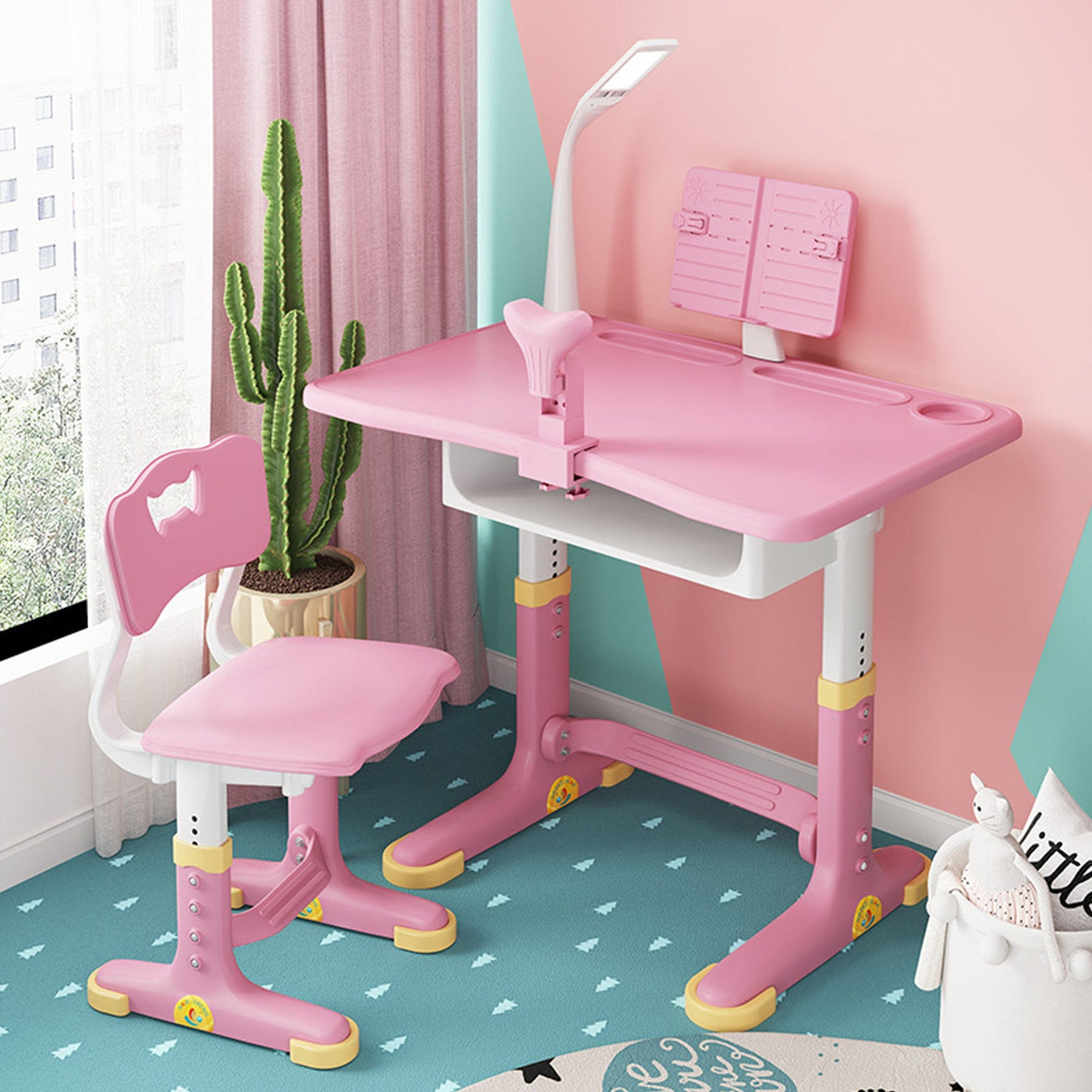 Set Birou Copii + Scaun, Reglabil 6-18 ani, Blat 70x45 cm, Roz - Imagine 1