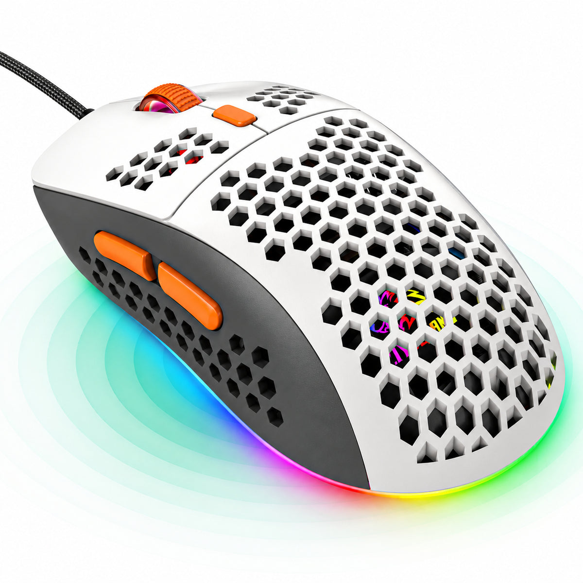 Mouse gaming Timebox, 6400 DPI, USB, Ultra-usor, Ergonomic, Alb/Portocaliu