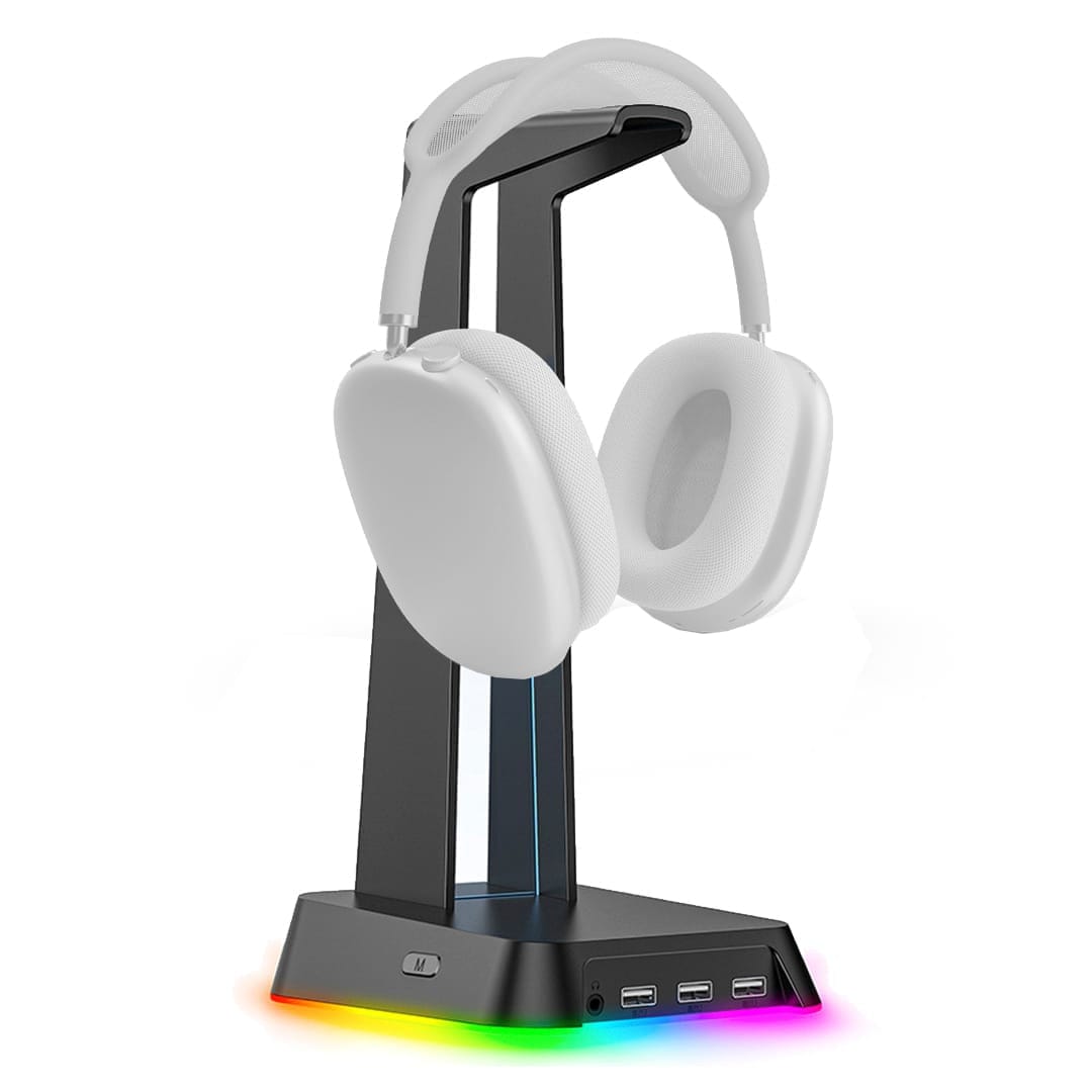 Suport casti gaming cu lumina RGB, 3 porturi USB, Anti-Slip, Negru - Imagine 1
