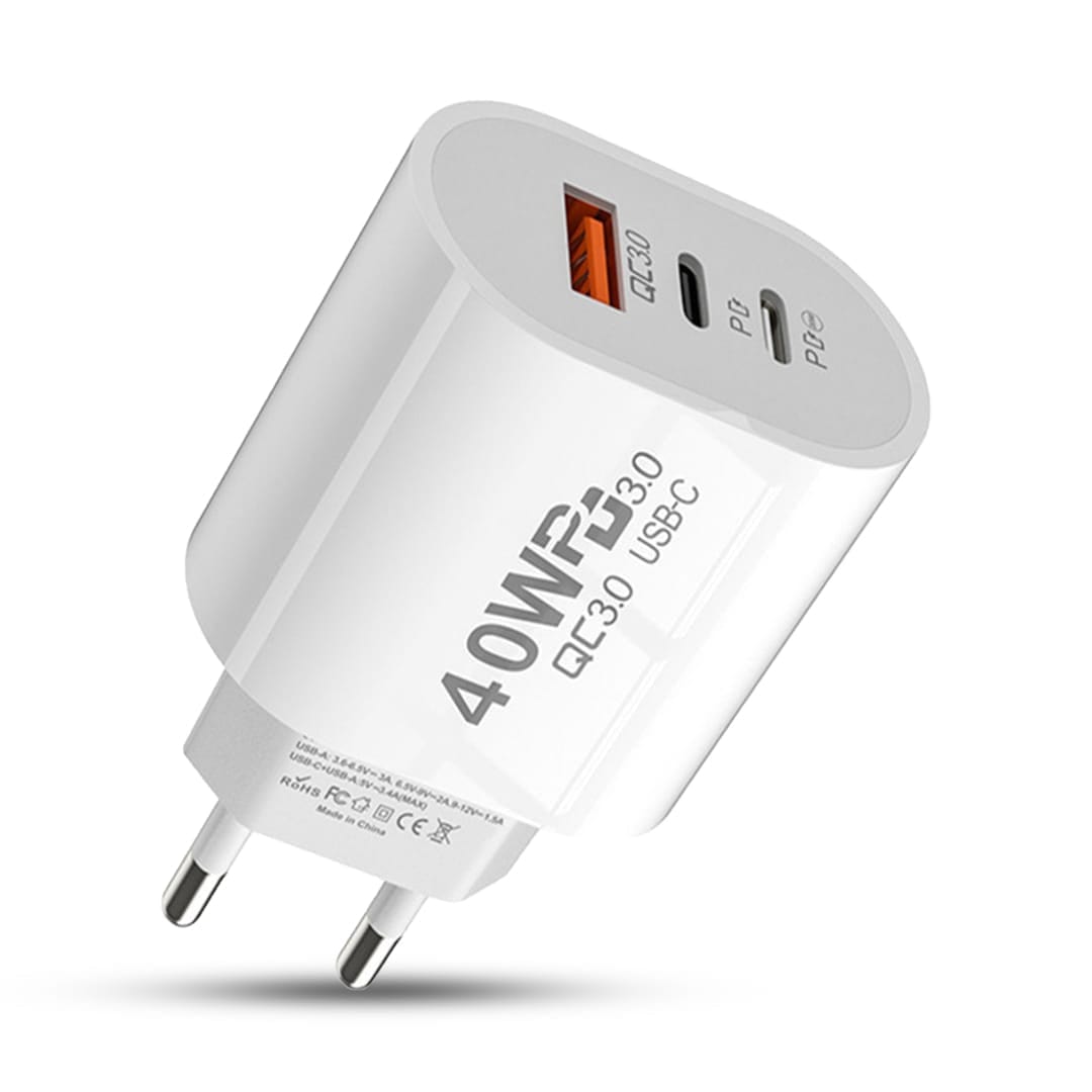 Incarcator Retea, 3 Porturi, 40W, 1 x USB, 2 x Type-C, Alb - Imagine 1