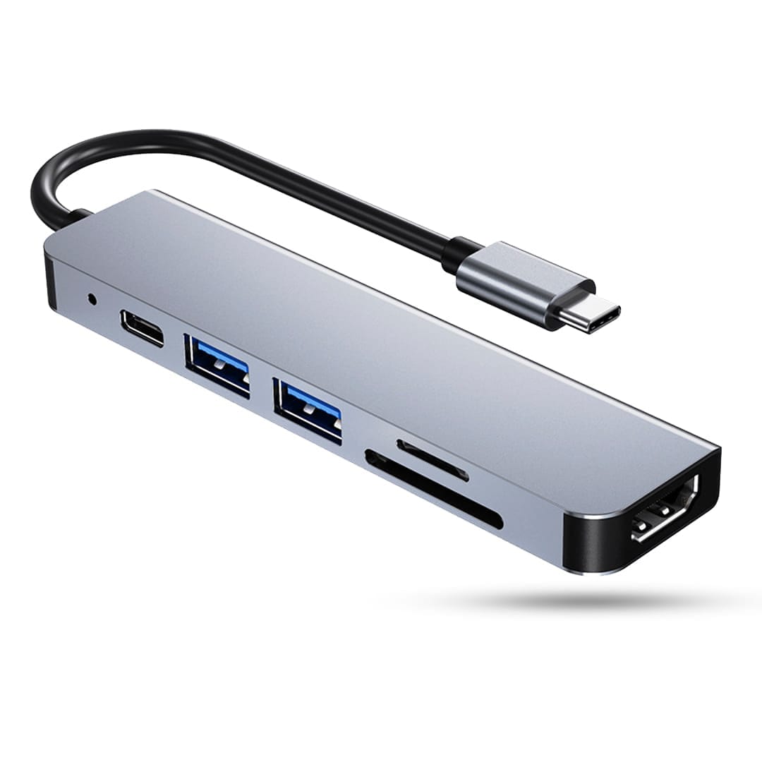 Hub USB 6 in 1, Type-C / USB 3, Card Reader TF/SD, 87W, 480 Mbps, Argintiu - Imagine 1