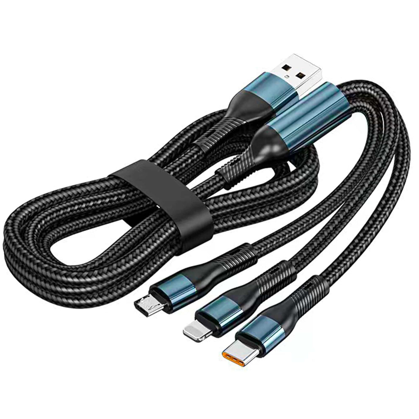 Cablu de date si incarcare Rapida Timebox, 3 in 1, 120W, Nailon, USB, Albastru - Imagine 1