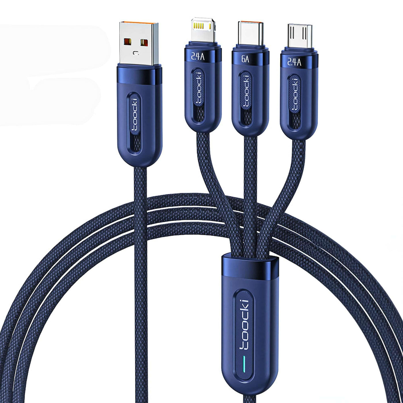 Cablu Date si Incarcare Rapida Toocki, 3 in 1, 66W, 1,2m, QC 3, USB, Albastru - Imagine 1