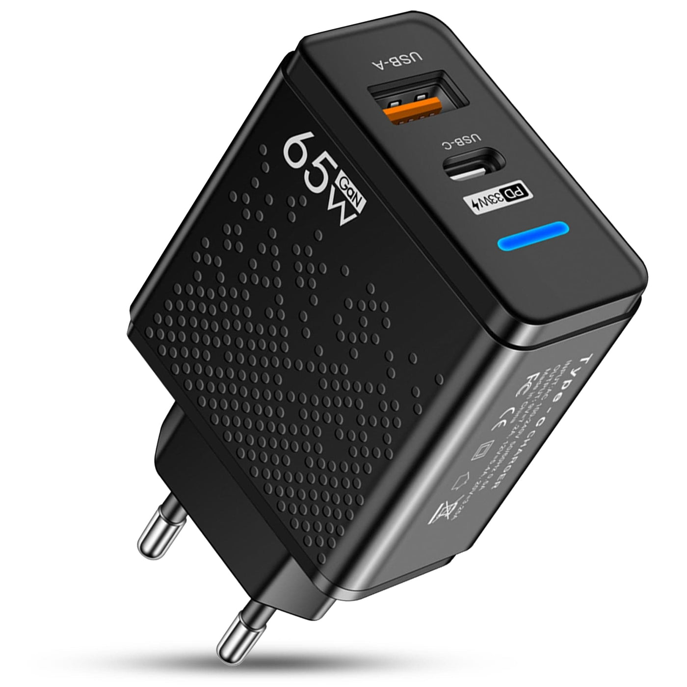 Incarcator Retea, 2 Porturi, 65W, 1 x Type-C, 1 x USB, Luminat LED, Negru - Imagine 1