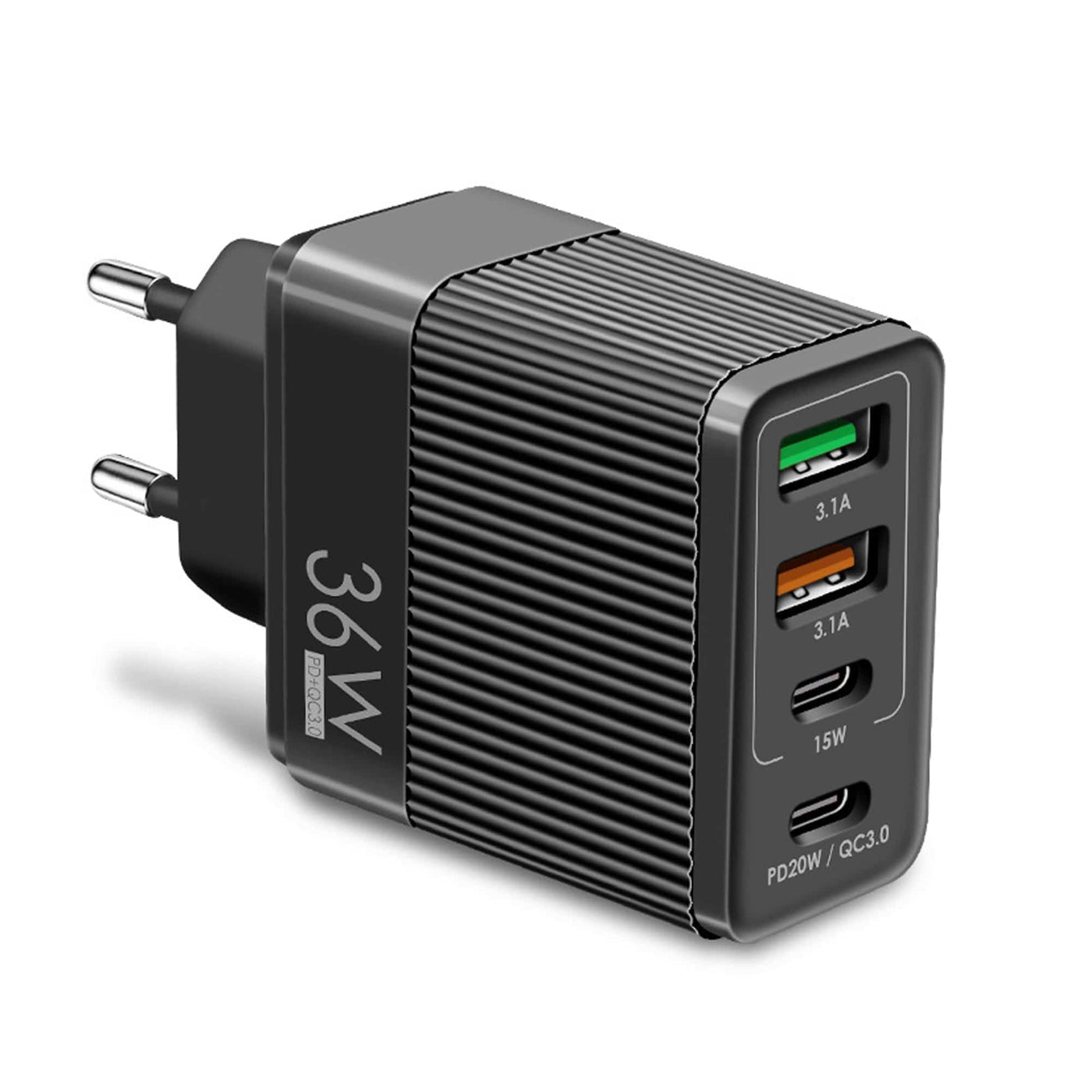 Incarcator Retea Timebox, 4 Porturi, 36W, 2 x Type-C, 2 x USB, Negru - Imagine 1