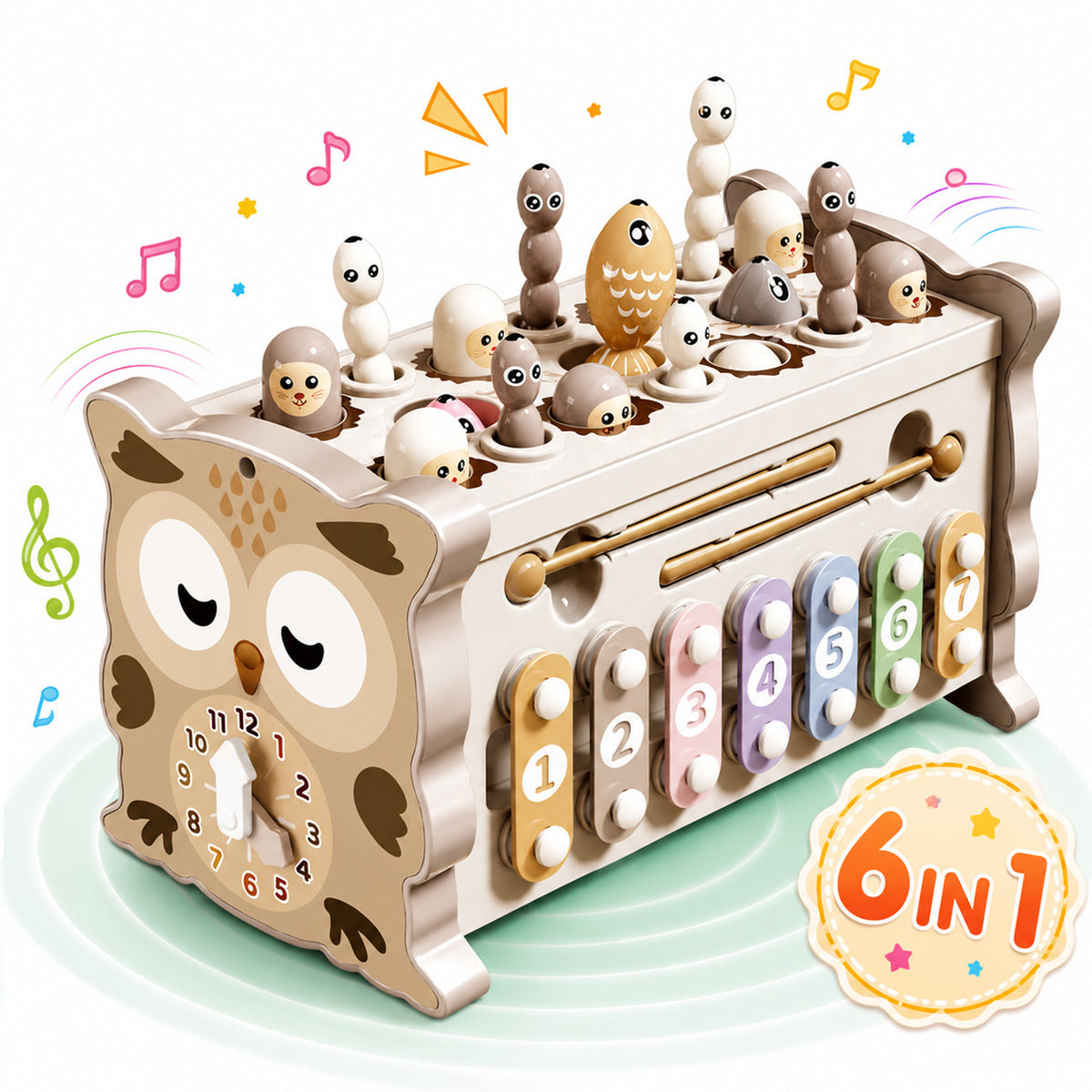 Jucarie Montessori tip Cub Educativ Timebox 6 Fete, 30+ Moduri de Joaca, Bufnita Crem