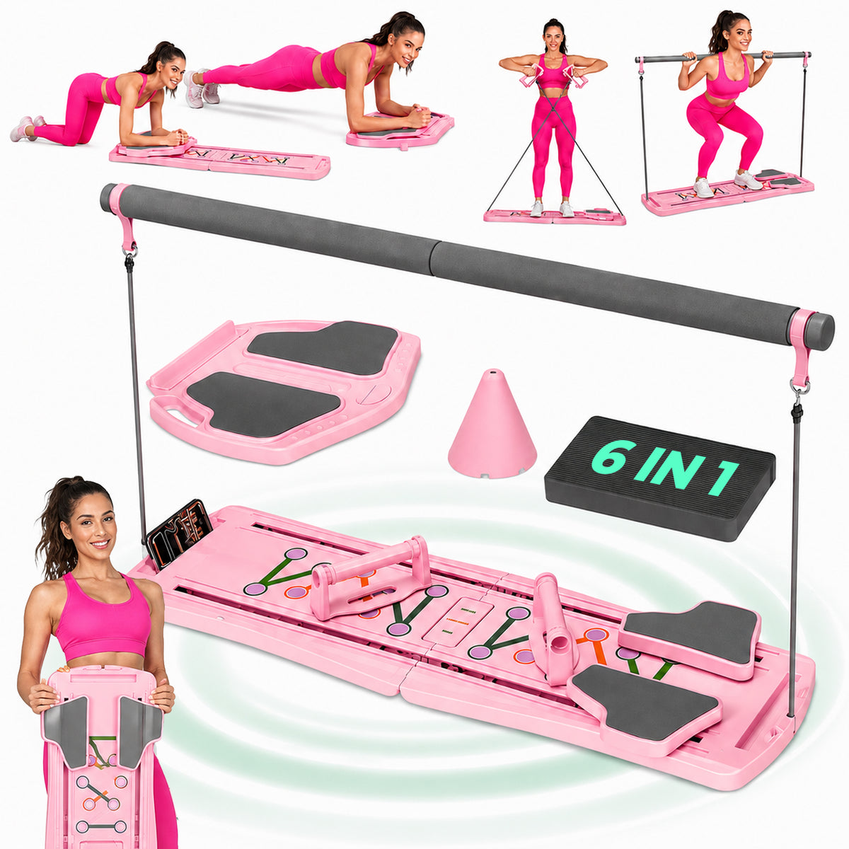 Placa fitness multifunctionala 6-in-1 pentru Antrenament Pilates, Flotari, Muschi, Piept, Triceps, Umeri, Corzi, Roz