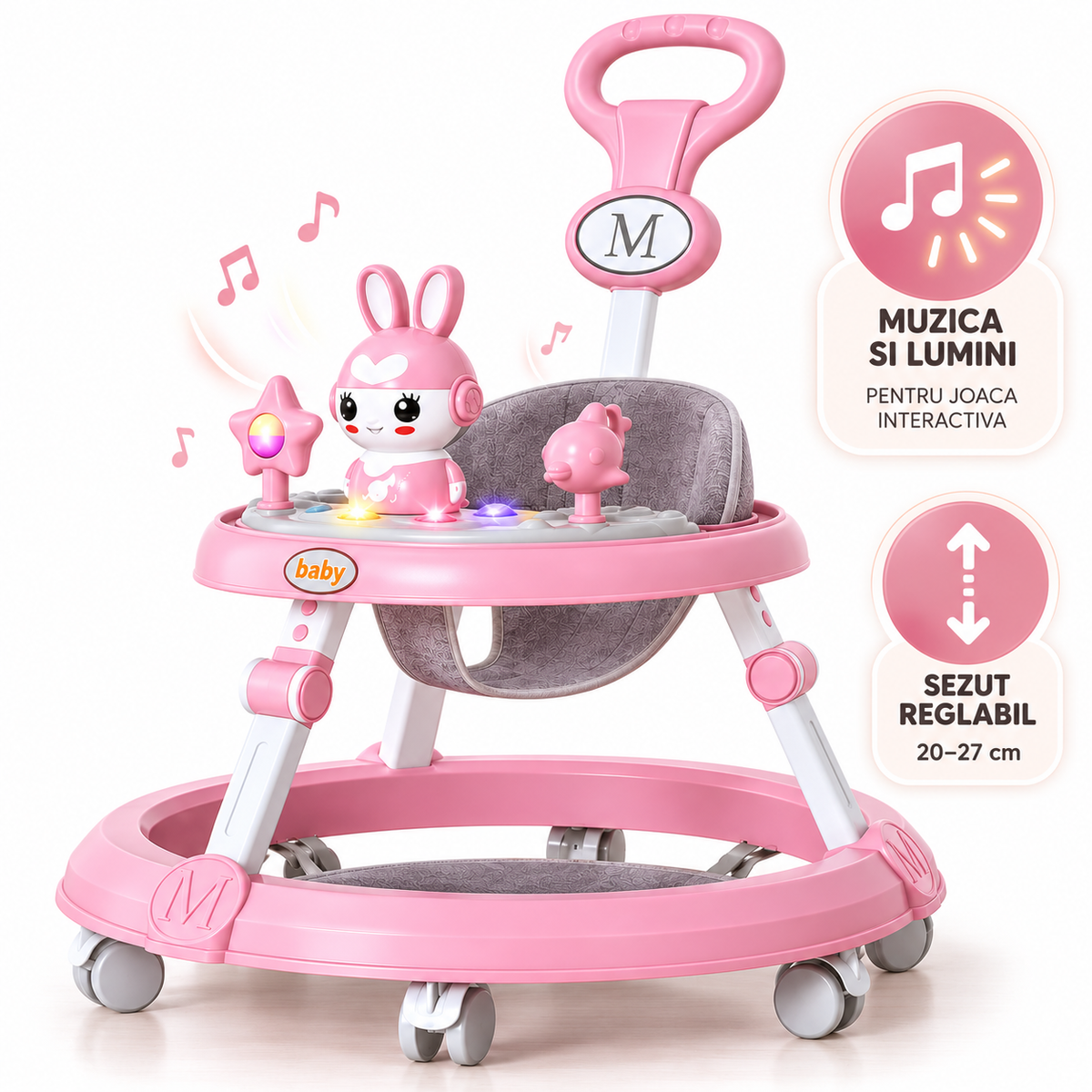 Premergator Bebe Timebox cu Maner Adult, Muzica, Roz