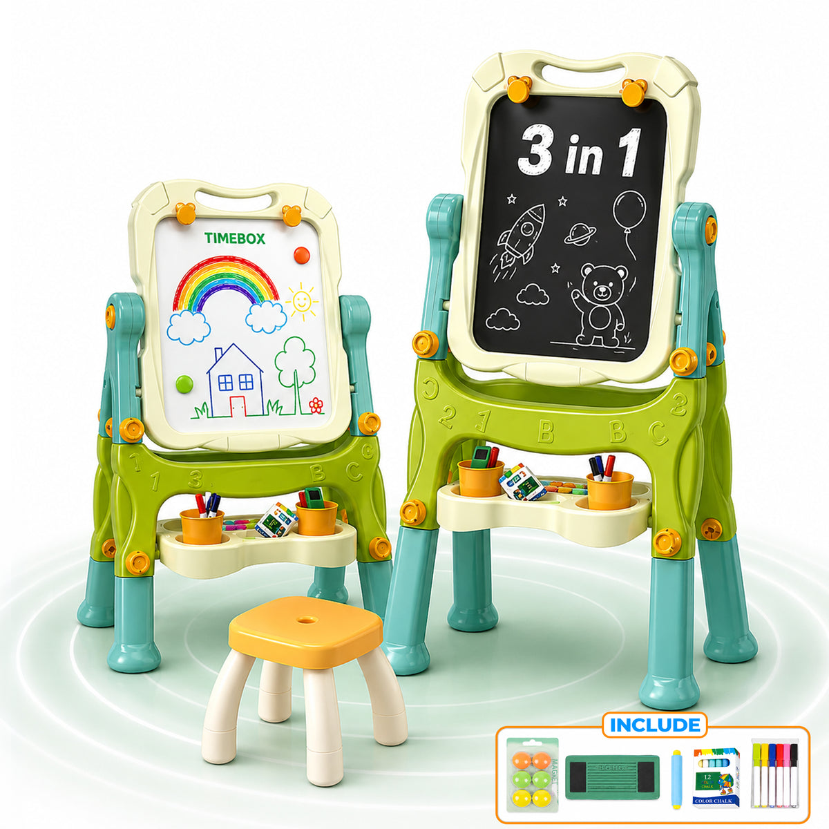 Tabla Magnetica Educativa Copii 3 in 1 cu Scaunel, Verde