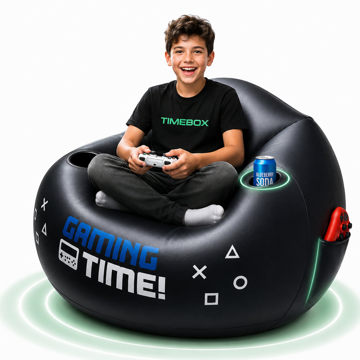Fotoliu Gonflabil Gaming Timebox cu Suport Pahar, Negru