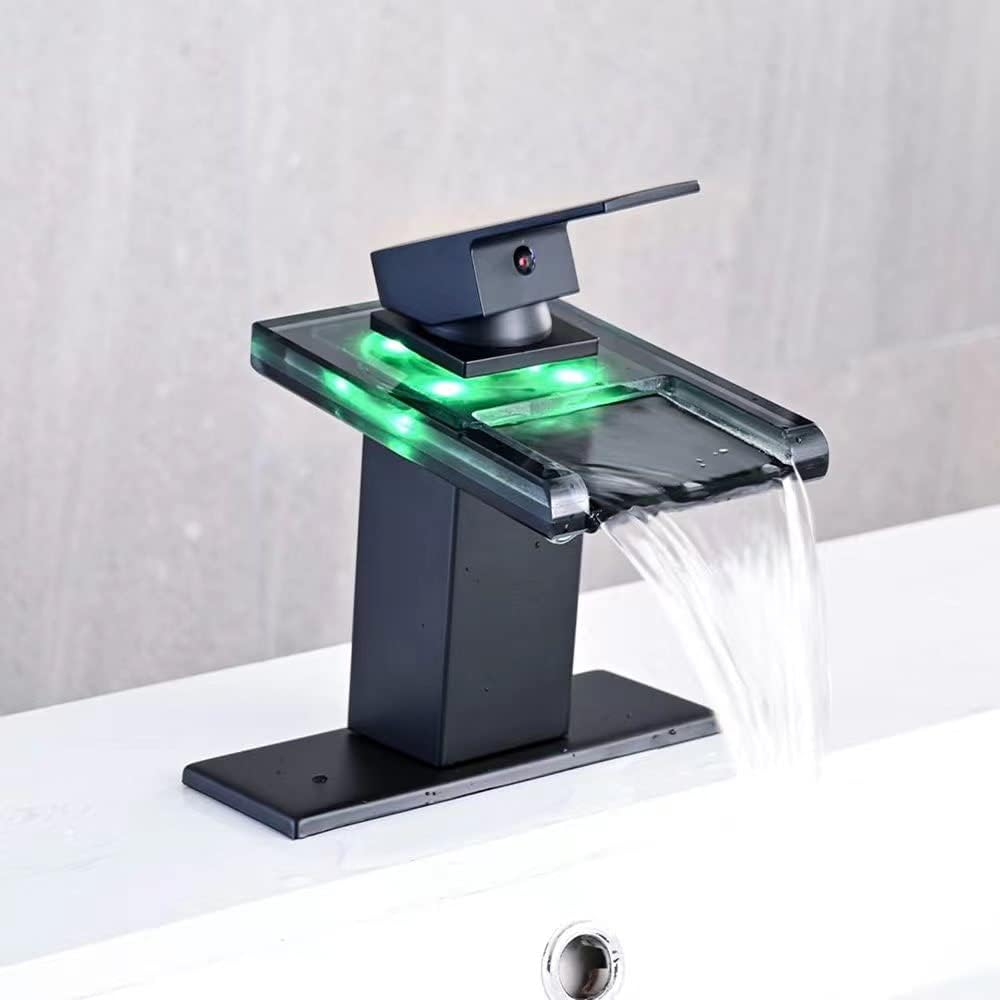 Baterie Chiuveta Baie cu LED si Efect de Cascada, Gura din Sticla, Negru Mat - Imagine 1
