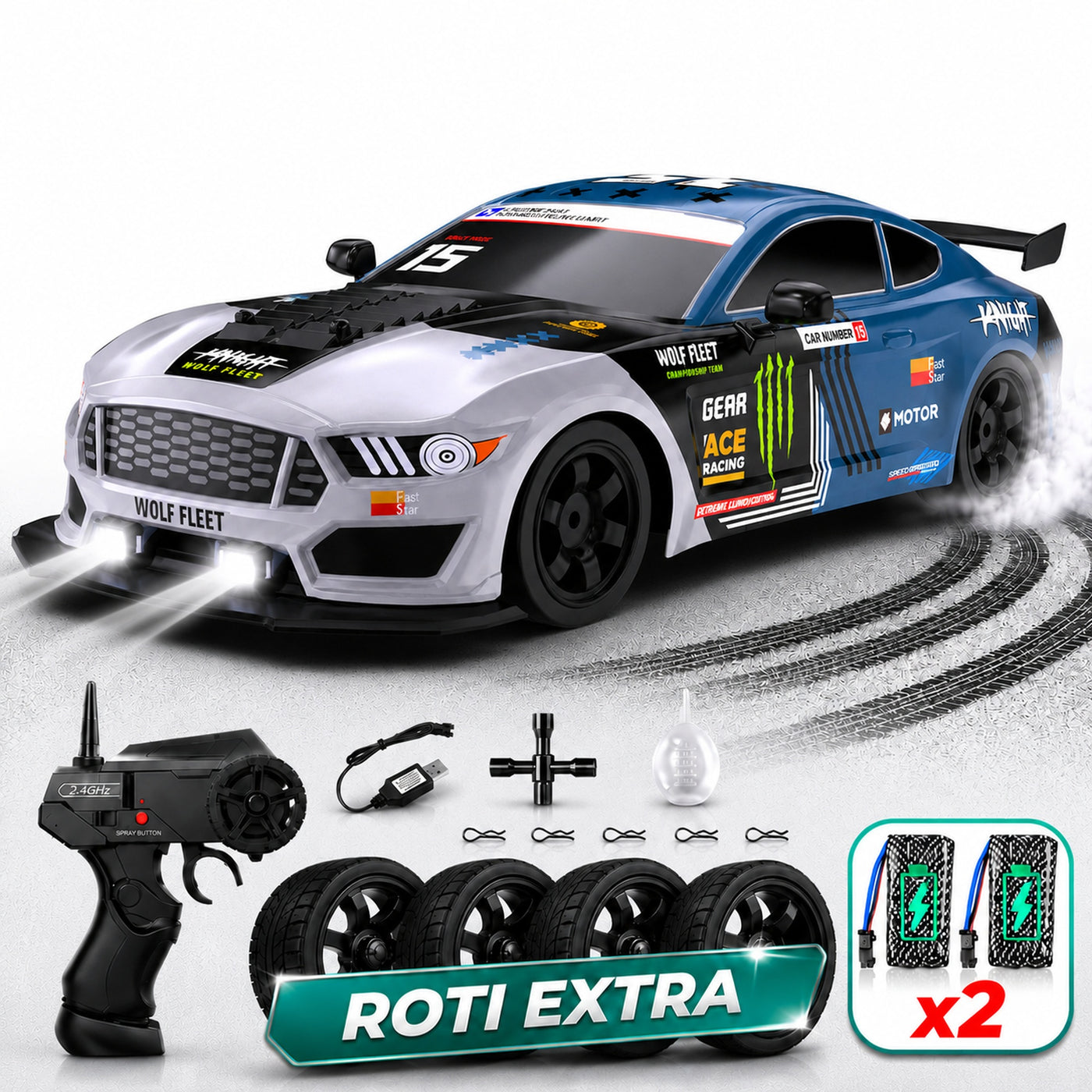 Masina cu telecomanda RC Timebox, 20km/h, 1:16, Drift car, lumini LED, Albastru