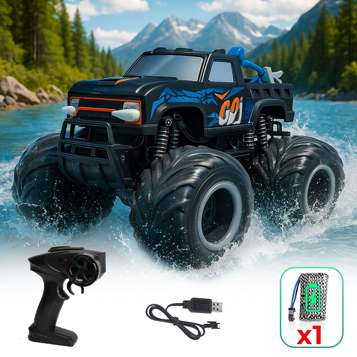 Masina cu telecomanda RC Timebox, 1:16, 4x4, Monster Truck, Negru/Albastru - Imagine 1