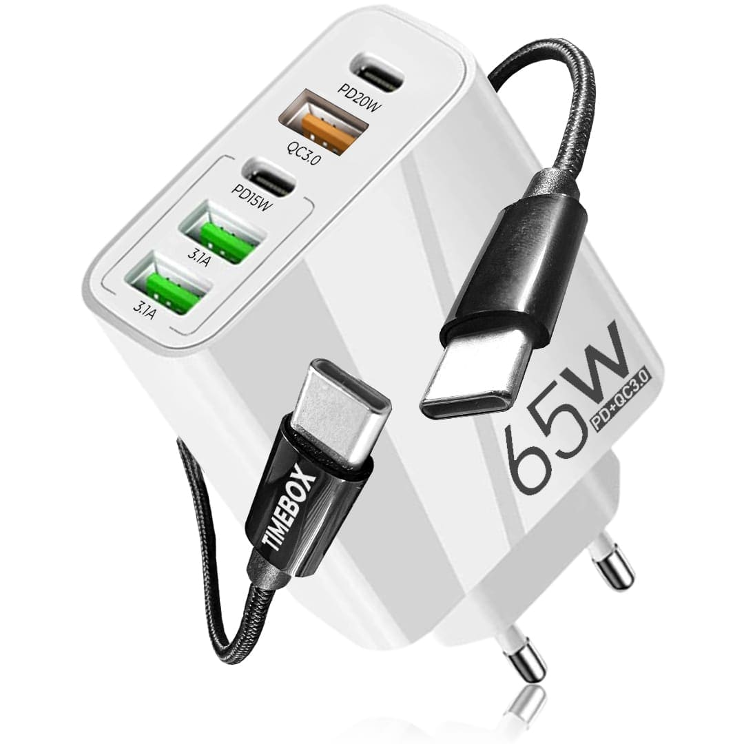 Incarcator Retea, 65W, 5 Porturi, 3 x USB, 2 x Type-C, Alb - Imagine 1