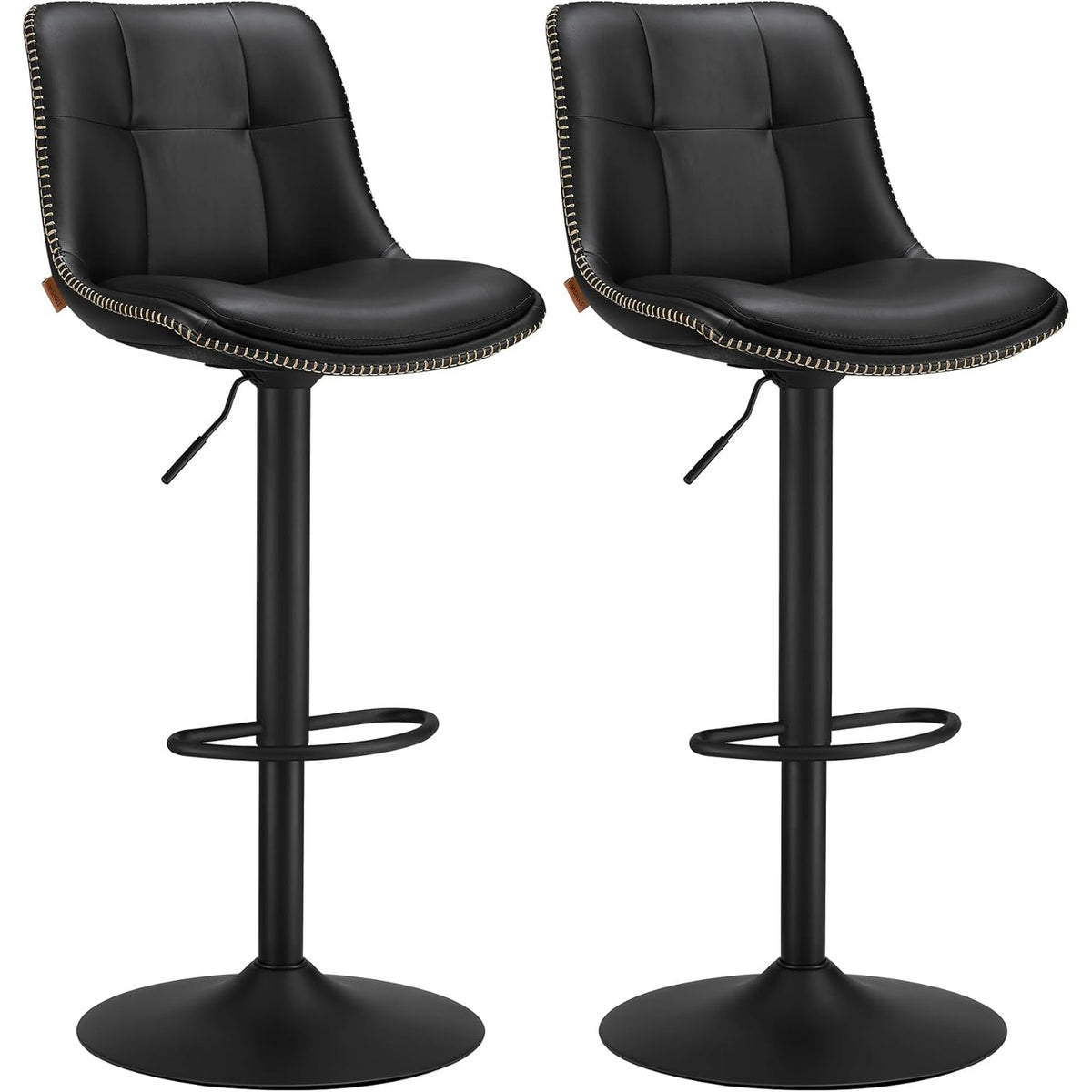 VASAGLE Set 2 scaune bar reglabile pe inaltime, rotative 360°, cu spatar si suport pentru picioare, tapiterie PU, 44x38x(90-112) cm, negru