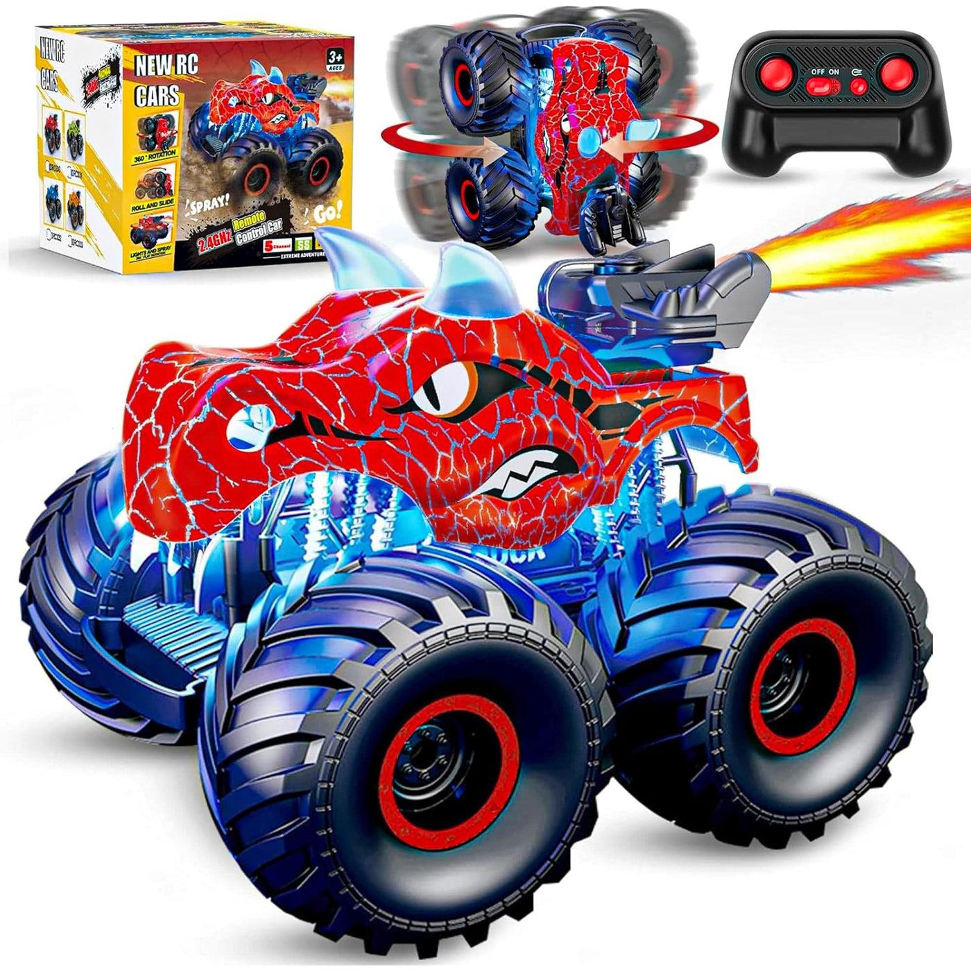 Masina cu telecomanda RC Timebox, 4x4, Dinozaur Monster Truck, lumini LED, Rosu - Imagine 1