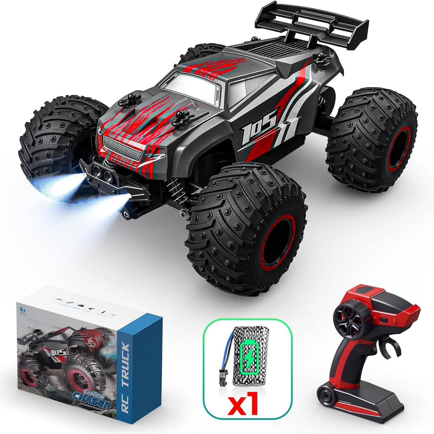 Masina cu telecomanda RC Off-Road Monster Truck Timebox, 20 km/h, 4WD, Negru/Rosu - Imagine 1