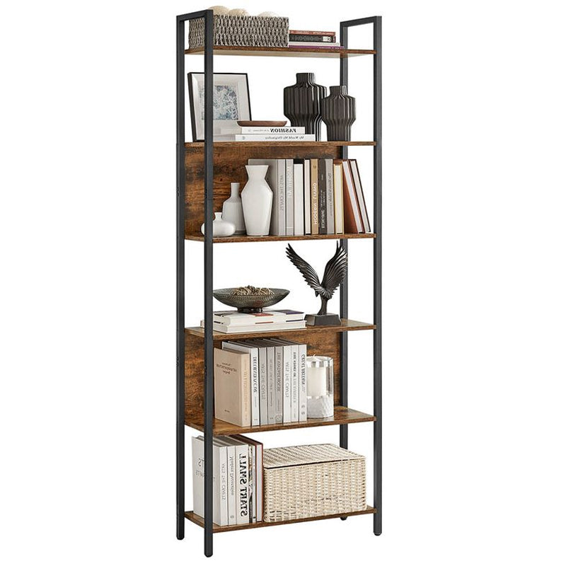 VASAGLE Biblioteca cu 6 rafturi, stil industrial, cadru metalic si PAL, 128x24x187 cm, maro rustic