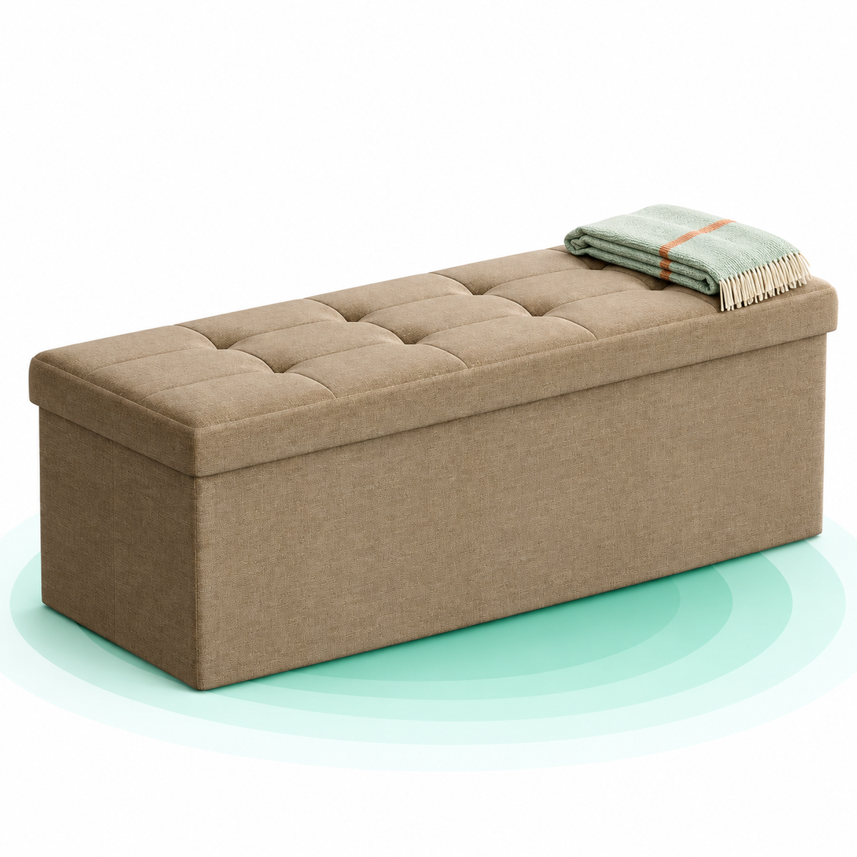 bancheta pliabila cu spatiu de depozitare 110x38x38 cm, MDF si material textil, capacitate 300 kg, maro camel