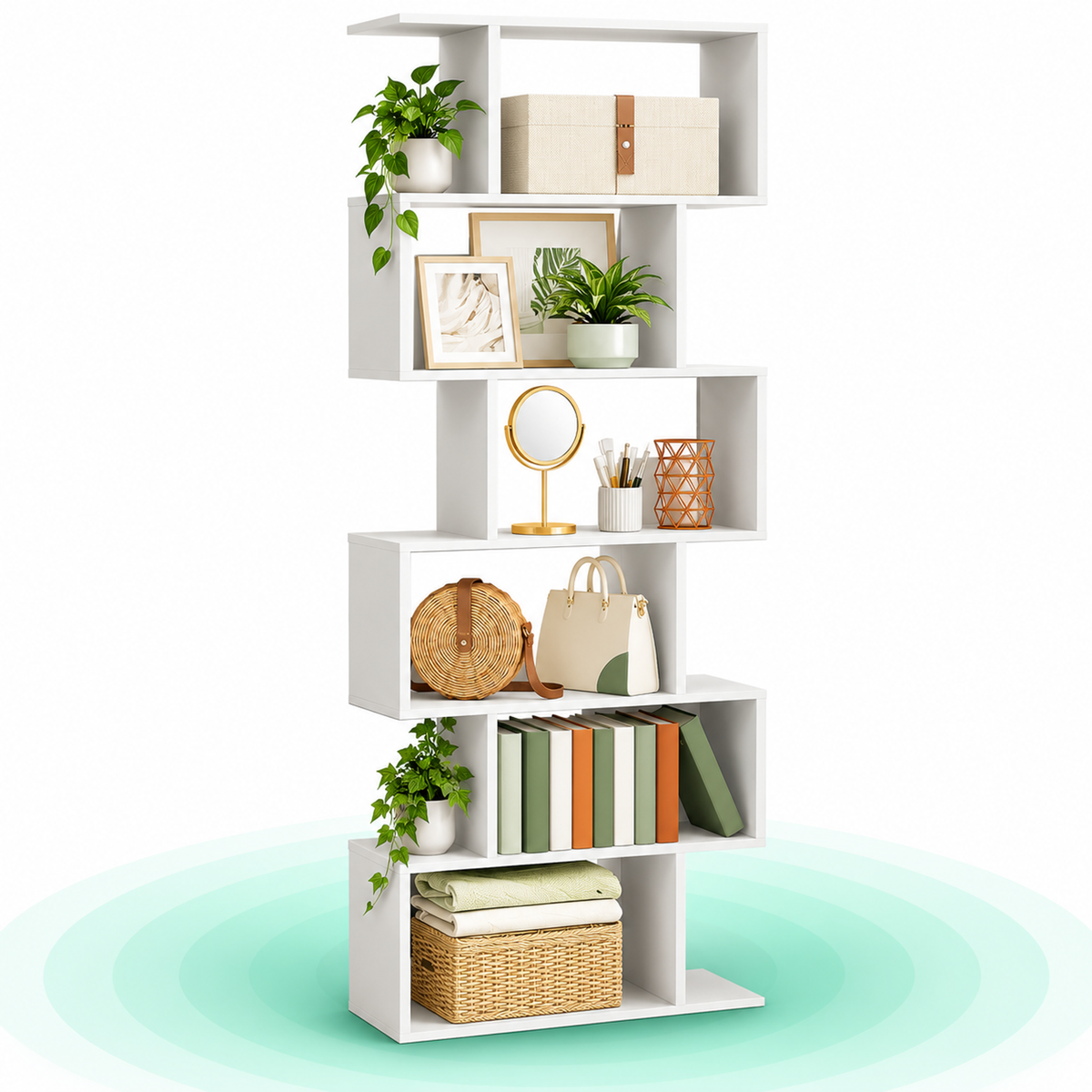 Biblioteca alba cu 6 niveluri, rafturi decalate, 70x24x190,5 cm