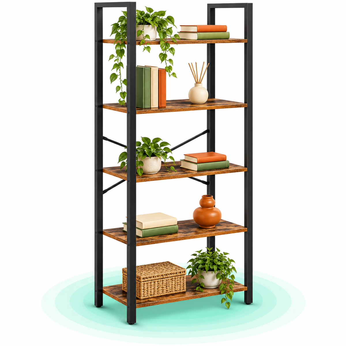 Biblioteca cu 5 rafturi, cadru din otel, picioare reglabile, 30x66x153 cm, maro rustic si negru