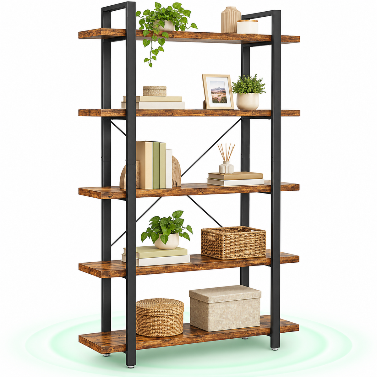 Biblioteca cu 5 rafturi, cadru din otel si rafturi din PAL, 105x34x178cm, maro rustic si negru