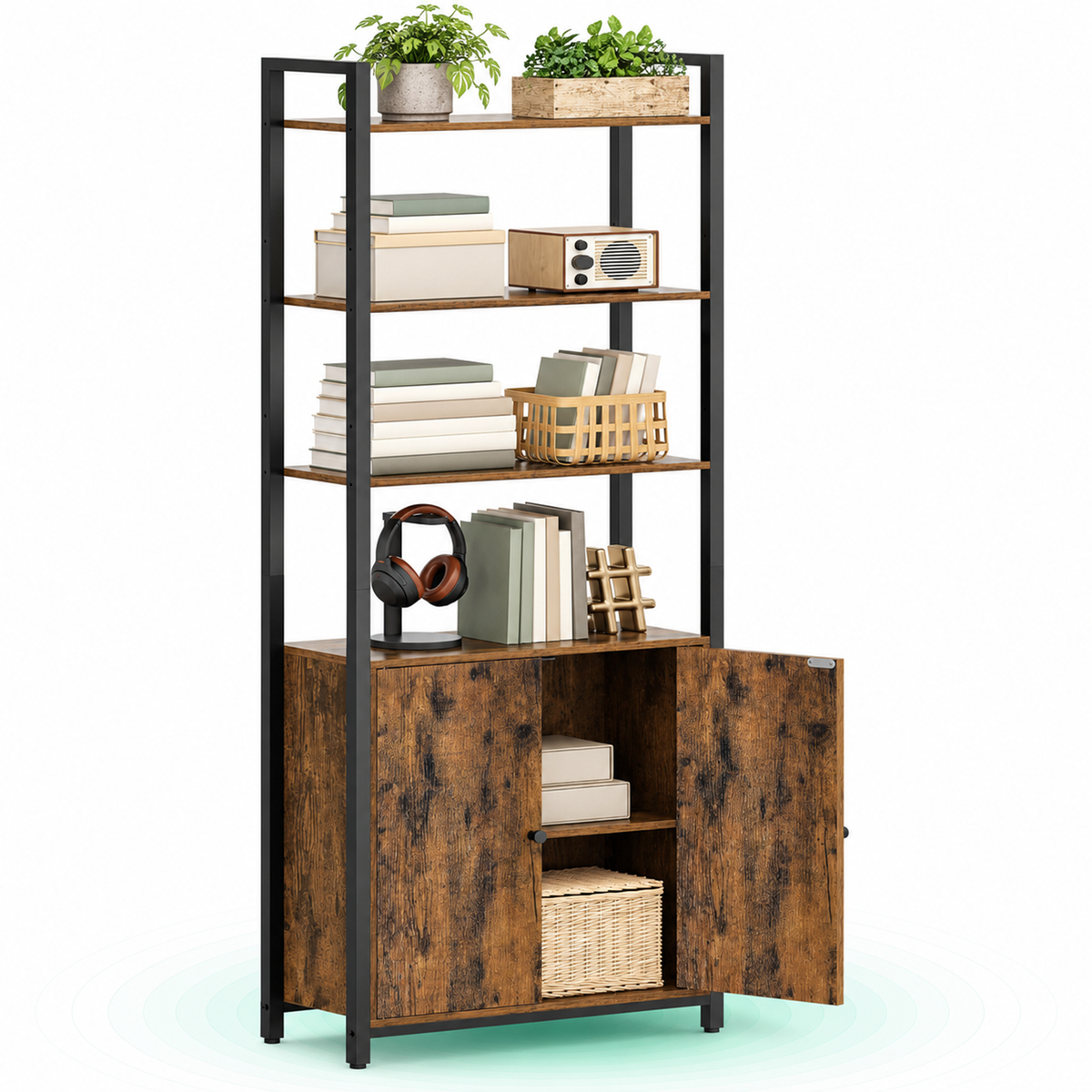 Biblioteca cu rafturi deschise si dulap integrat, cadru metalic si PAL, 24x60x160 cm, maro rustic