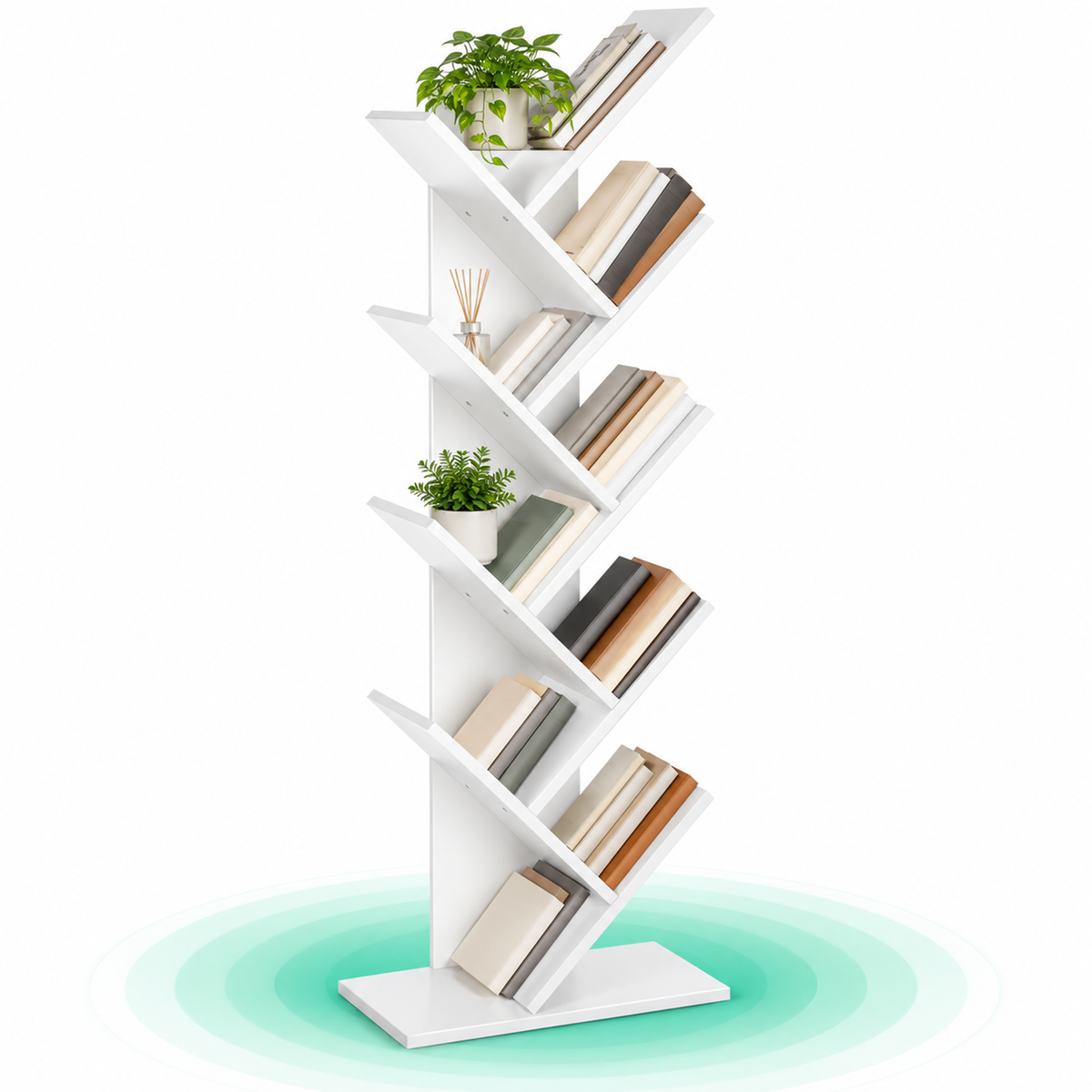 Biblioteca de podea cu 8 etaje, cu rafturi din lemn in forma V, 25x141x50cm, alb