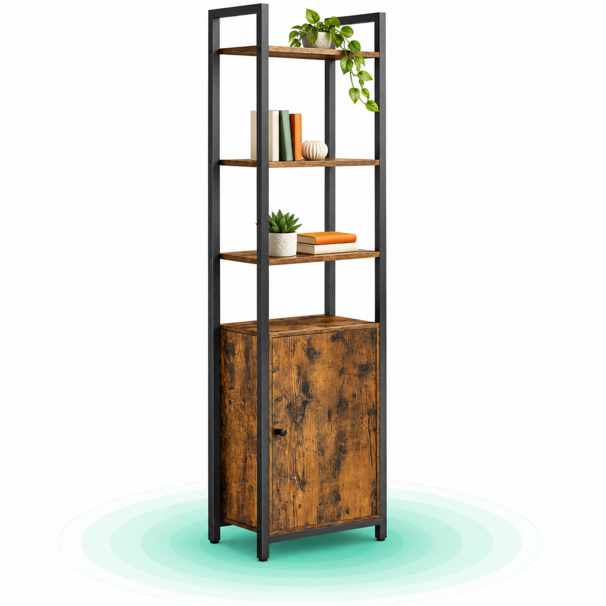 Biblioteca inalta cu 6 rafturi si dulap, cadru metalic, rafturi reglabile, stil vintage, 40x24x160 cm, maro rustic