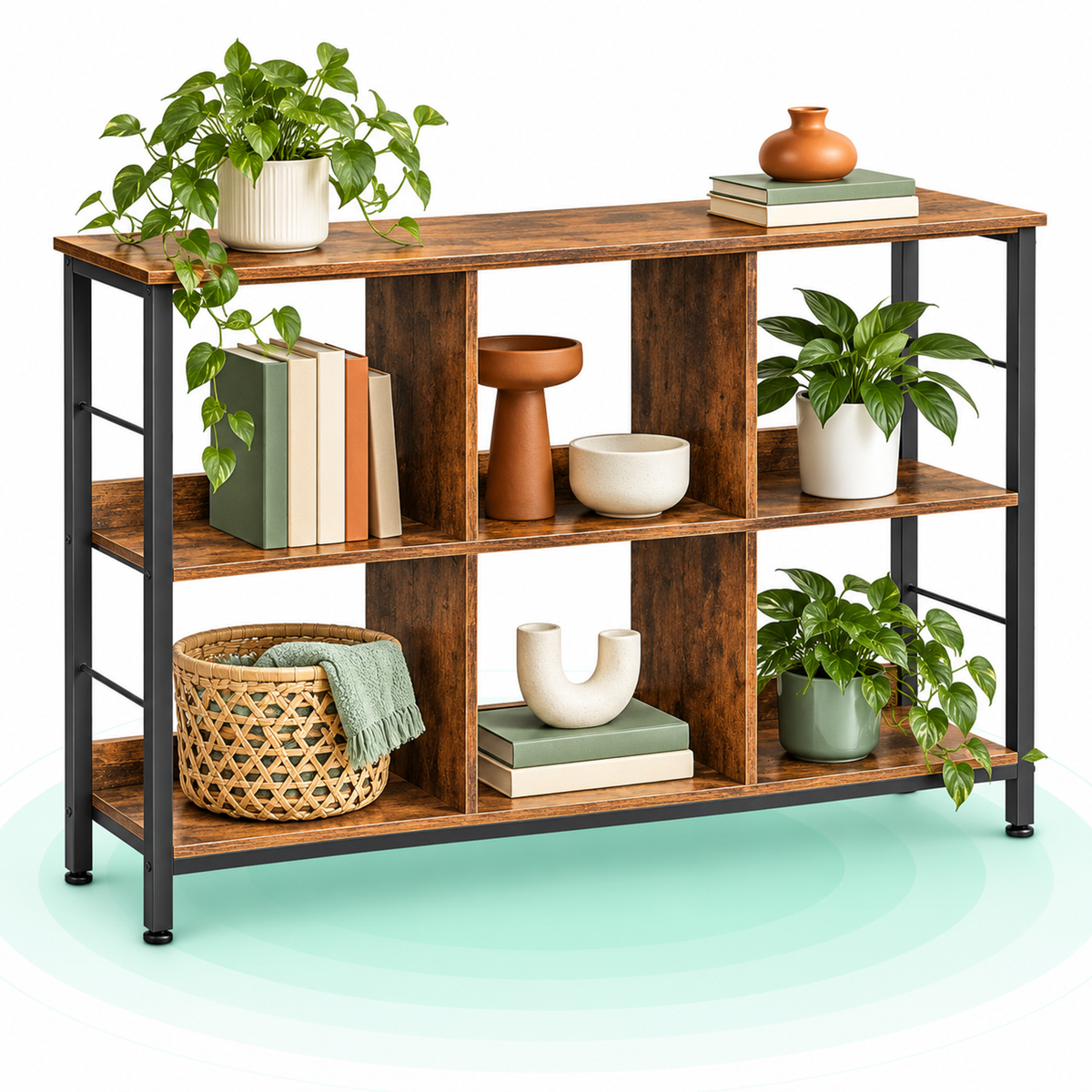 Biblioteca, raft cu 6 unitati de depozitare, din lemn, 33x120x80 cm, maro rustic