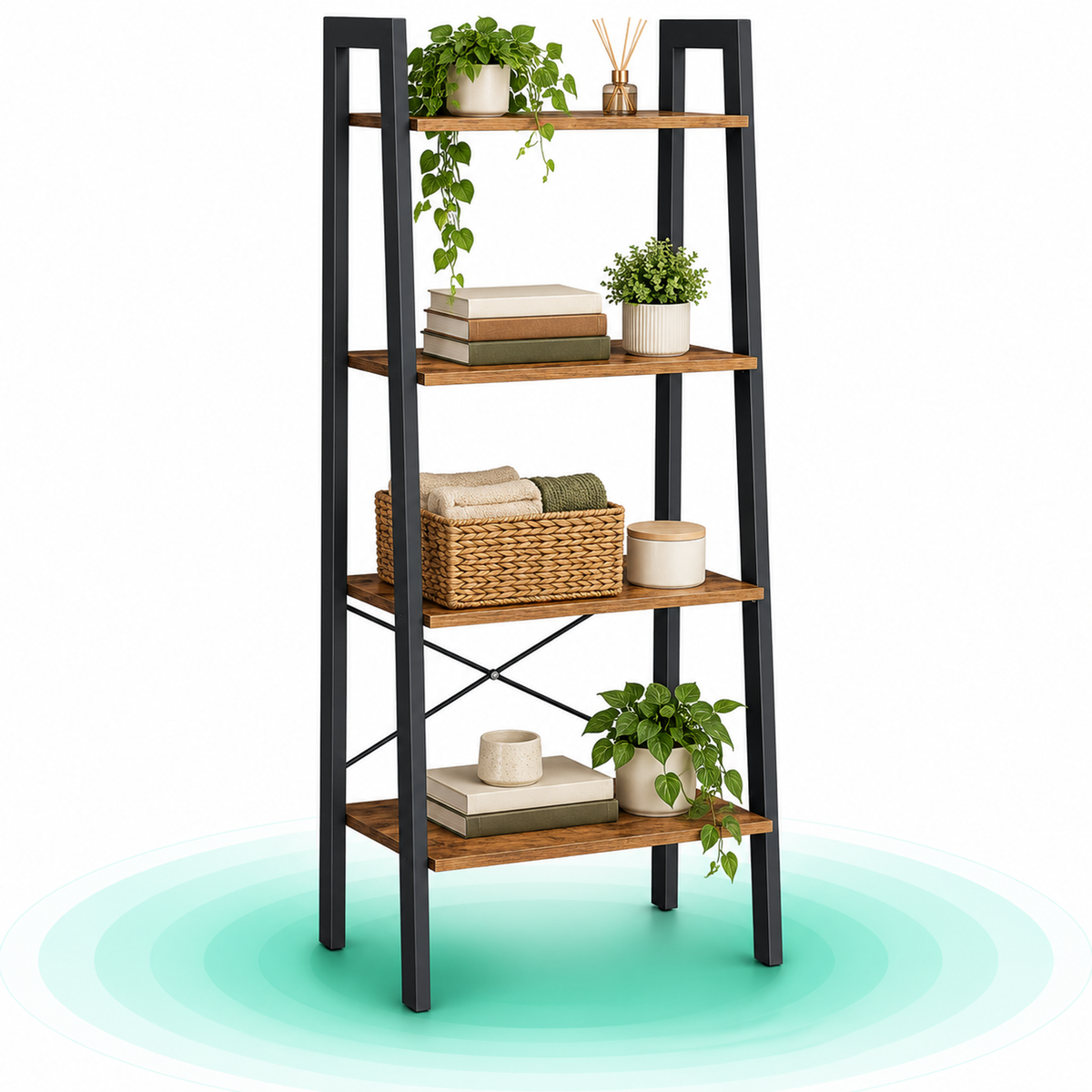 Biblioteca tip scara, cadru otel cu 4 polite din MDF, stil industrial, 56x34x138cm, maro rustic