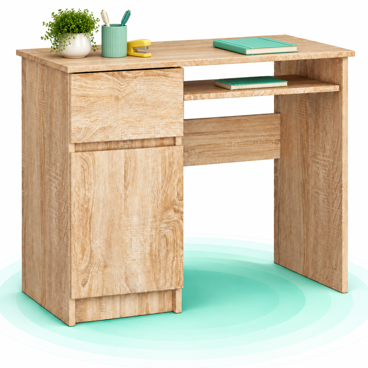 Birou computer cu sertar, dulap si raft pentru tastatura, pe stanga, 90x50x77 cm, stejar sonoma