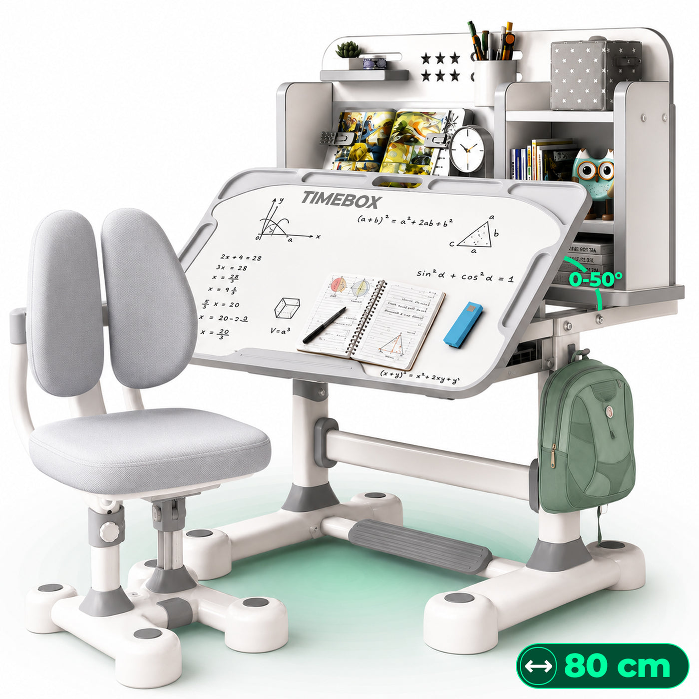 Birou Reglabil Copii cu Scaun Ergonomic Timebox, 45°, Suprafata Lavabila, Gri