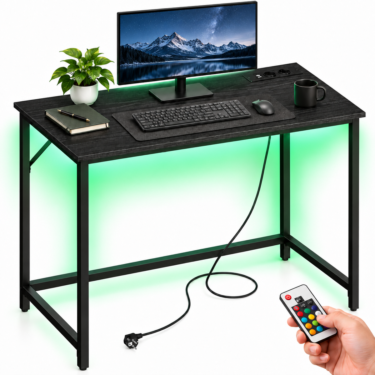 Birou cu iluminare LED, priza incorporata, 2 USB, 50x100x76 cm, negru