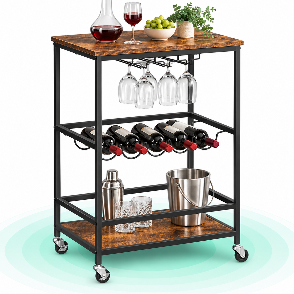 Carucior bar pe roti cu suport pentru 5 sticle si pahare, 40x60x82 cm, maro vintage si negru