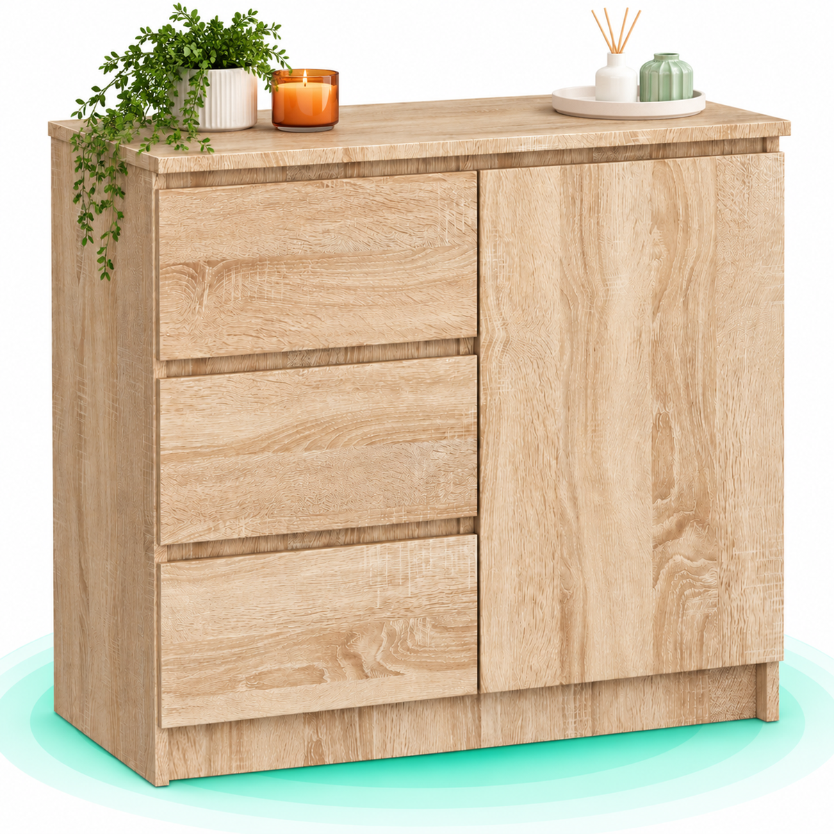 Comoda cu 3 sertare si dulap cu raft, PAL laminat, 80x35x77 cm, stejar sonoma