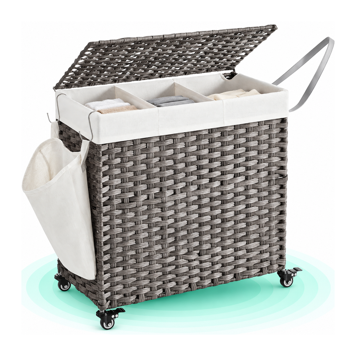 Cos de rufe cu capac, 3 compartimente, 140 L, captuseala lavabila si roti, 66x33x60 cm, gri